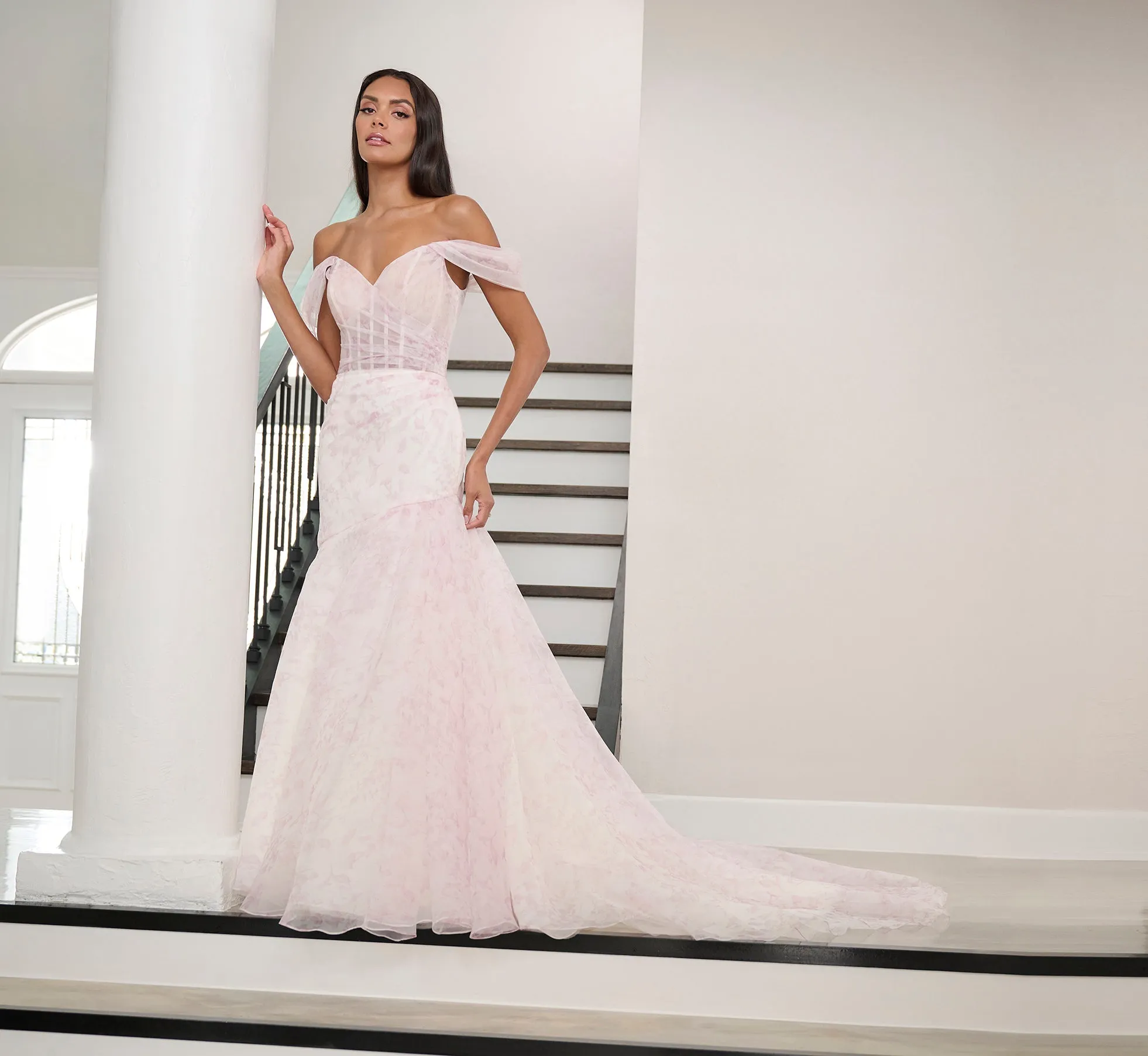 Watercolor Printed Organza Gown In Blush Multi sold by Adrianna Papell product image thumbnail 2