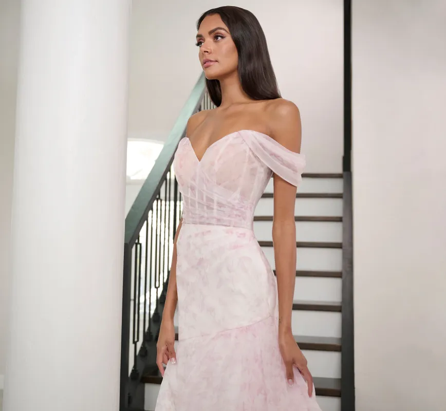 Watercolor Printed Organza Gown In Blush Multi sold by Adrianna Papell