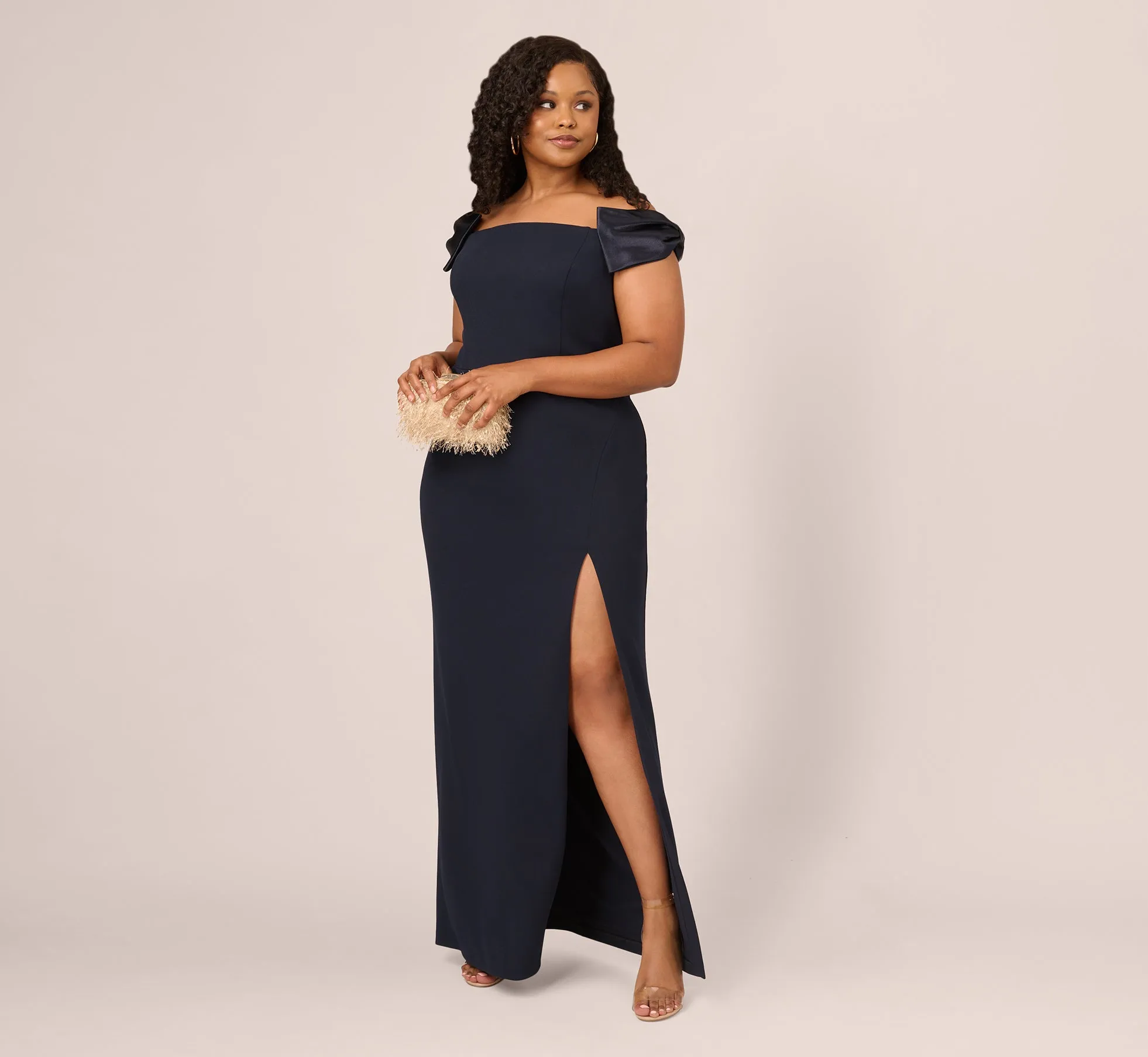 Plus Size Off The Shoulder Crepe Column Gown With Bow Accents In Twilight sold by Adrianna Papell product image thumbnail 2