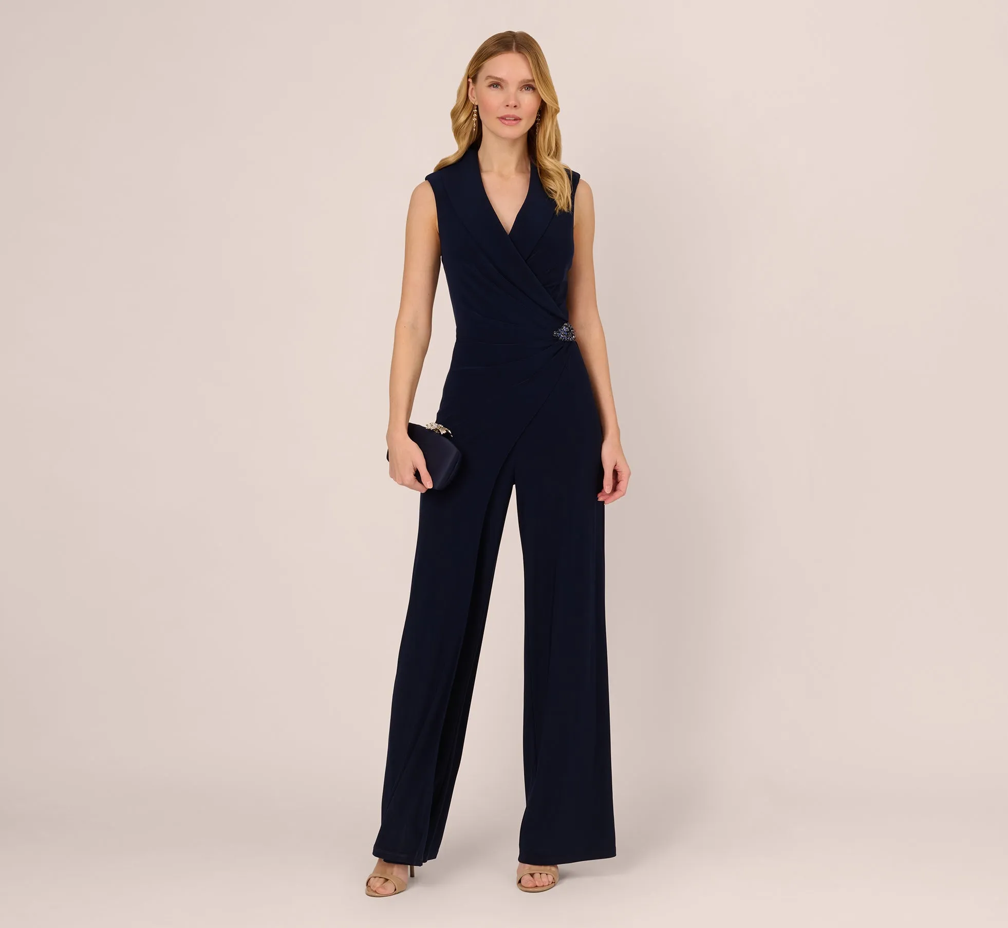 Sleeveless Jersey Wide Leg Jumpsuit With Shawl Neckline In Midnight sold by Adrianna Papell product image thumbnail 2