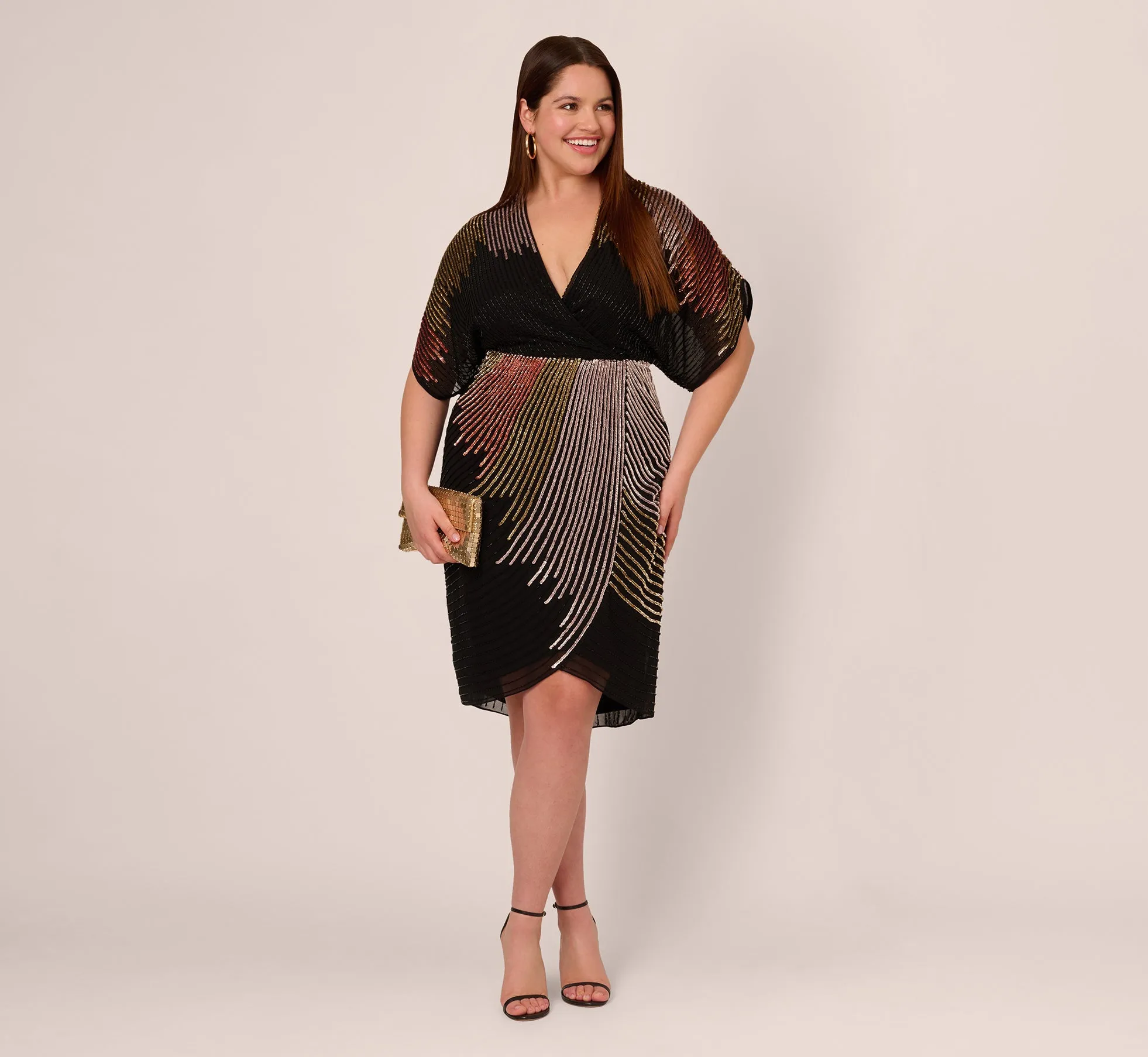 Plus Size Beaded Faux Wrap Dress With Dolman Sleeves In Black Bronze sold by Adrianna Papell product image thumbnail 2