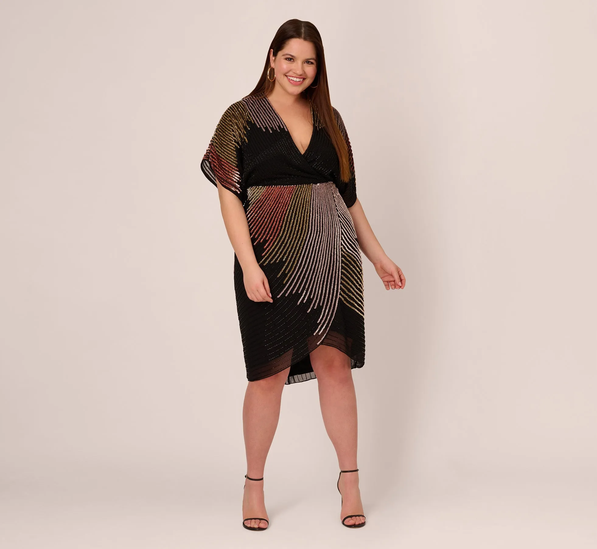 Plus Size Beaded Faux Wrap Dress With Dolman Sleeves In Black Bronze sold by Adrianna Papell