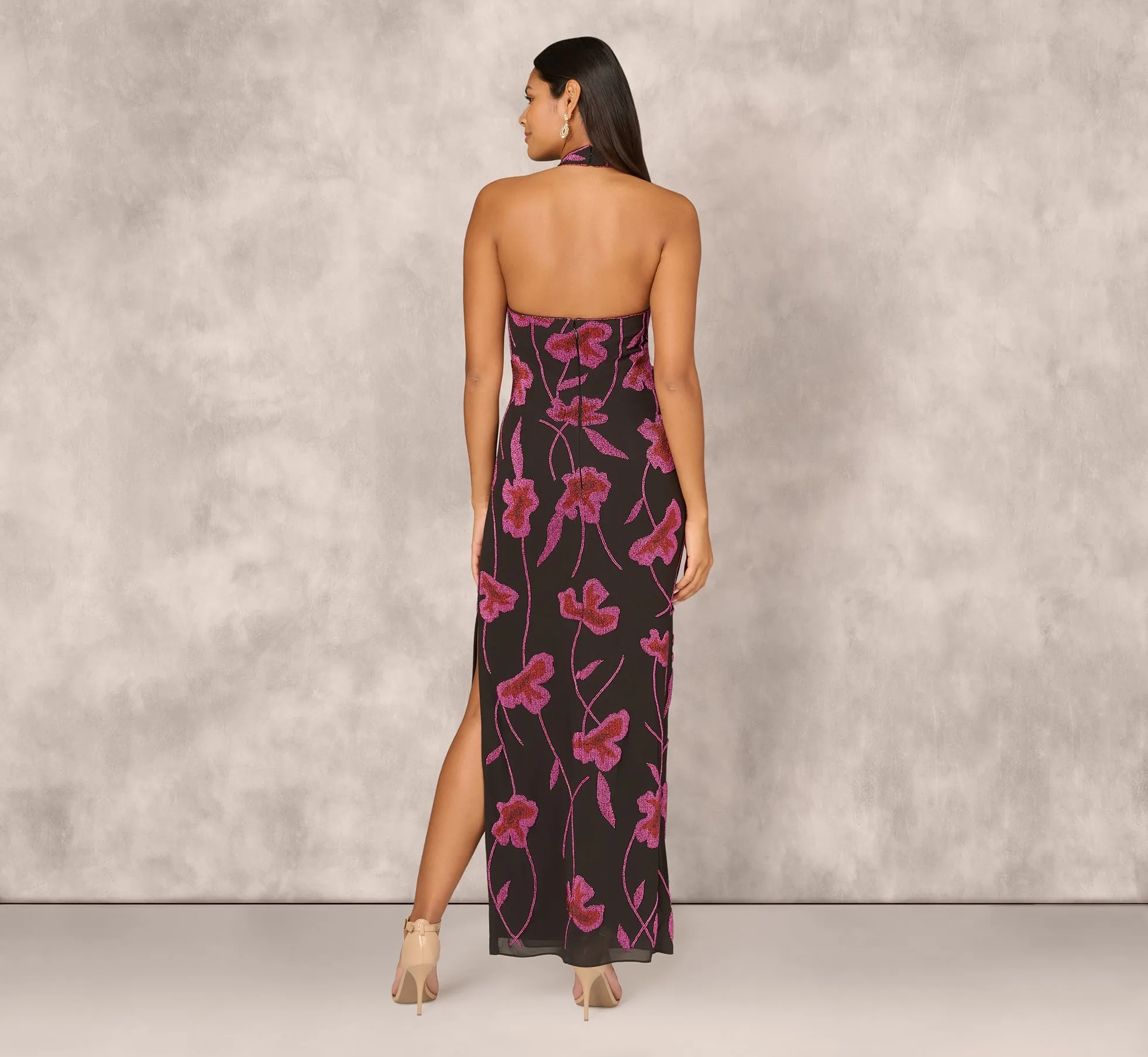 Beaded Floral Halter Column Gown With Mock Neck In Black Multi sold by Adrianna Papell product image thumbnail 5