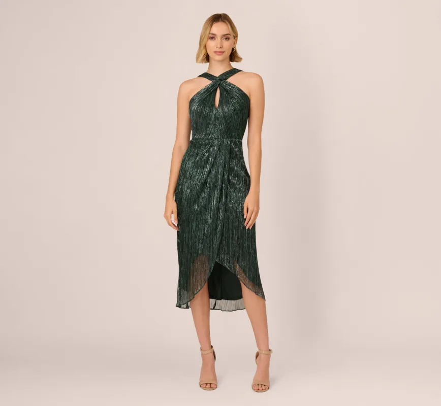 Metallic Knit Halter Midi Dress With Wrap Skirt In Green Pine sold by Adrianna Papell