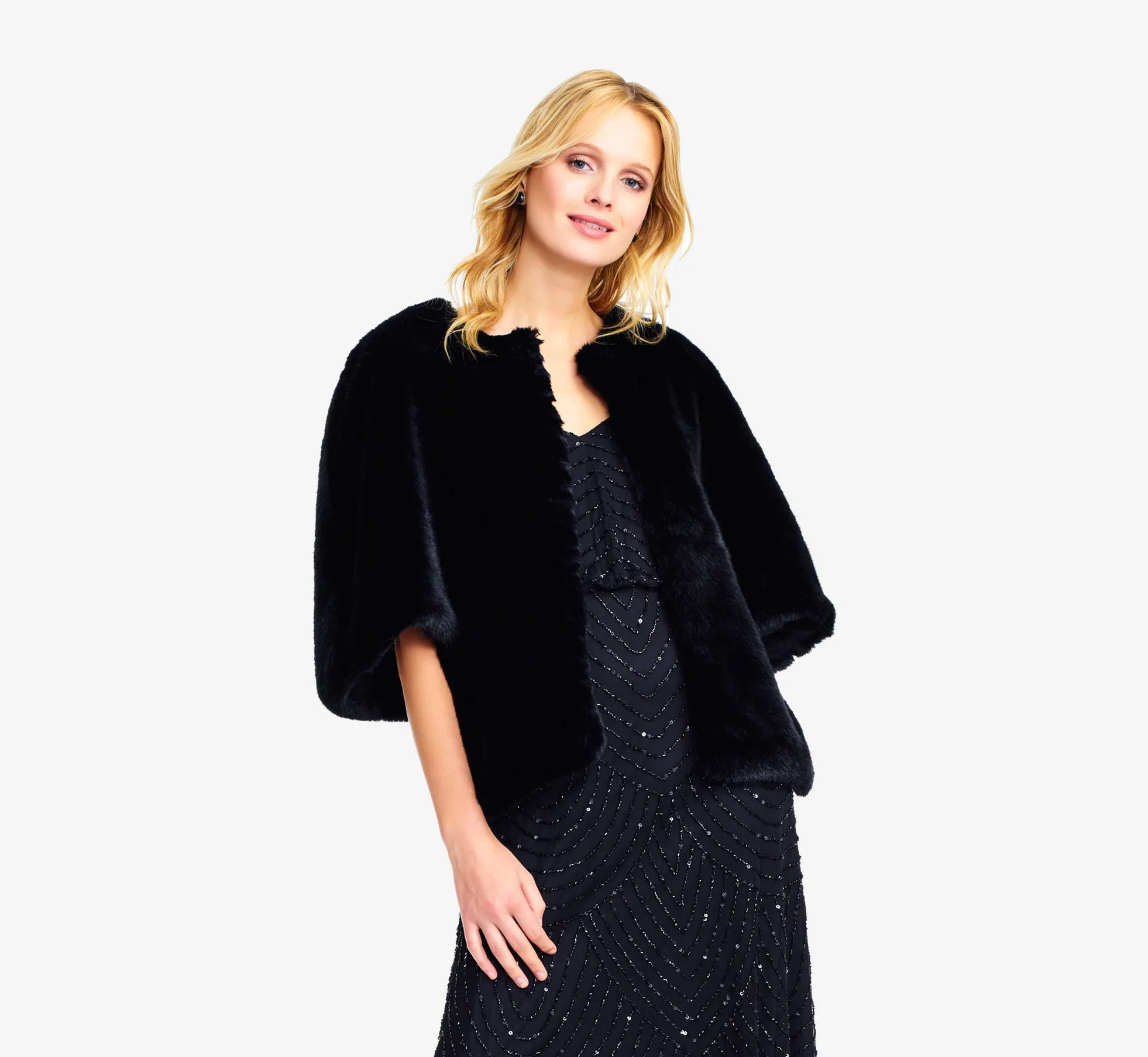 Faux Fur Open Front Cape Jacket In Black sold by Adrianna Papell