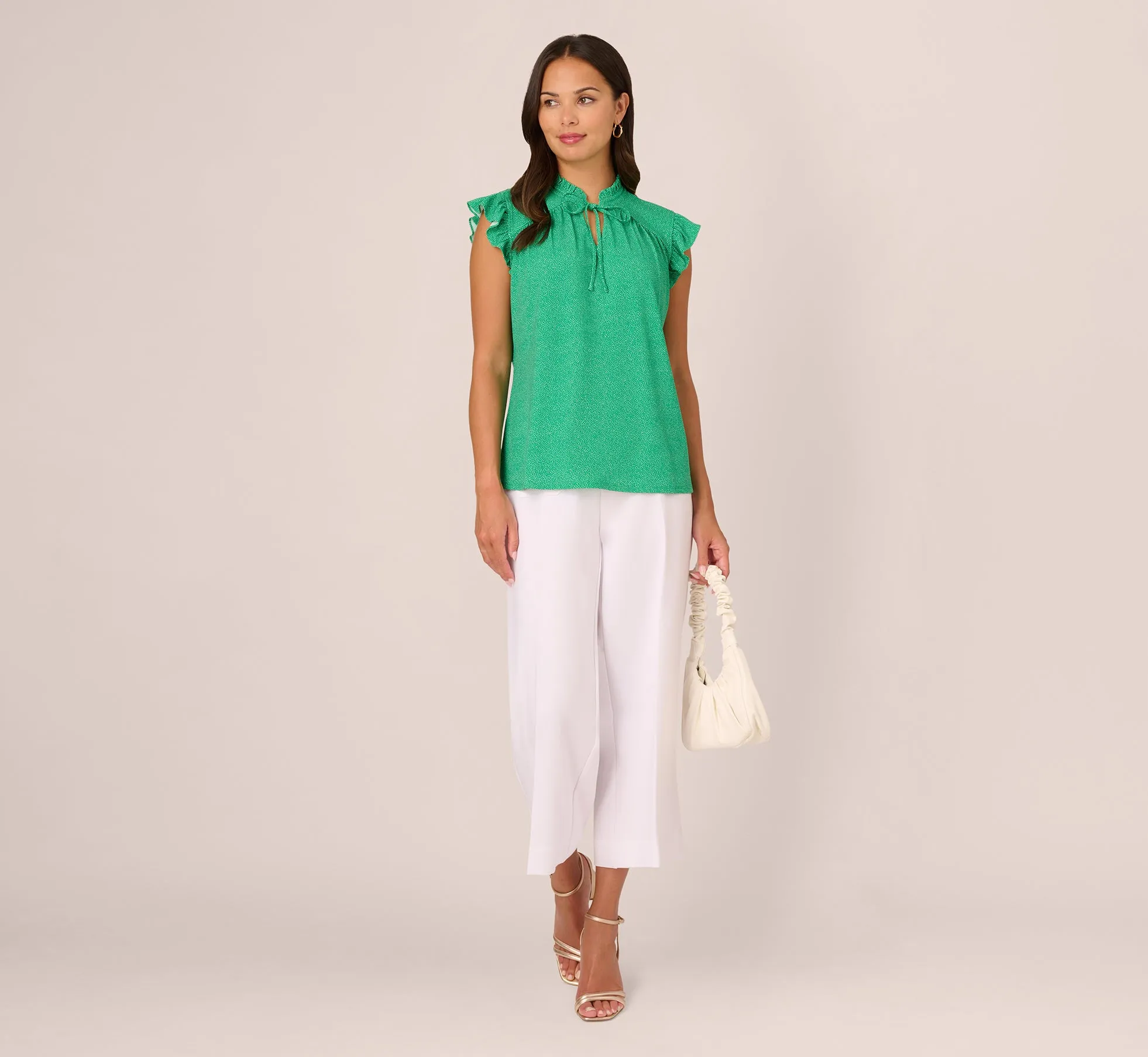 Printed Flutter Sleeve Top With Tie Neck In Emerald Ivory Micro Dot sold by Adrianna Papell product image thumbnail 3