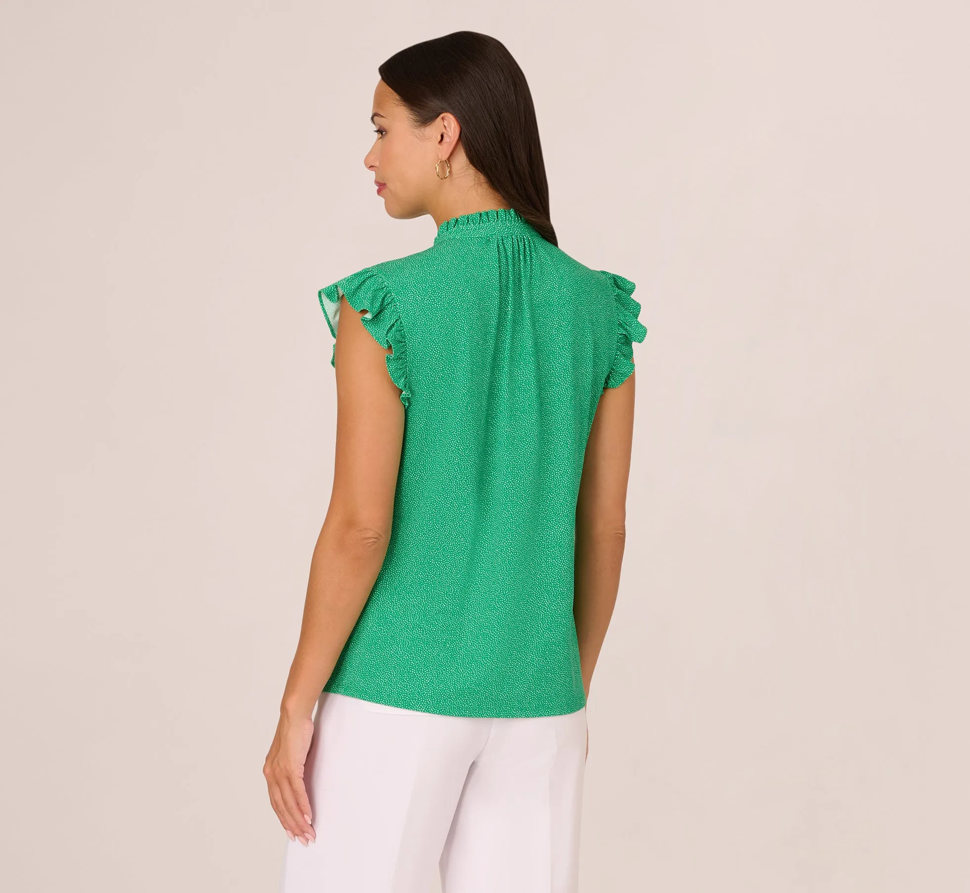Printed Flutter Sleeve Top With Tie Neck In Emerald Ivory Micro Dot sold by Adrianna Papell product image thumbnail 5
