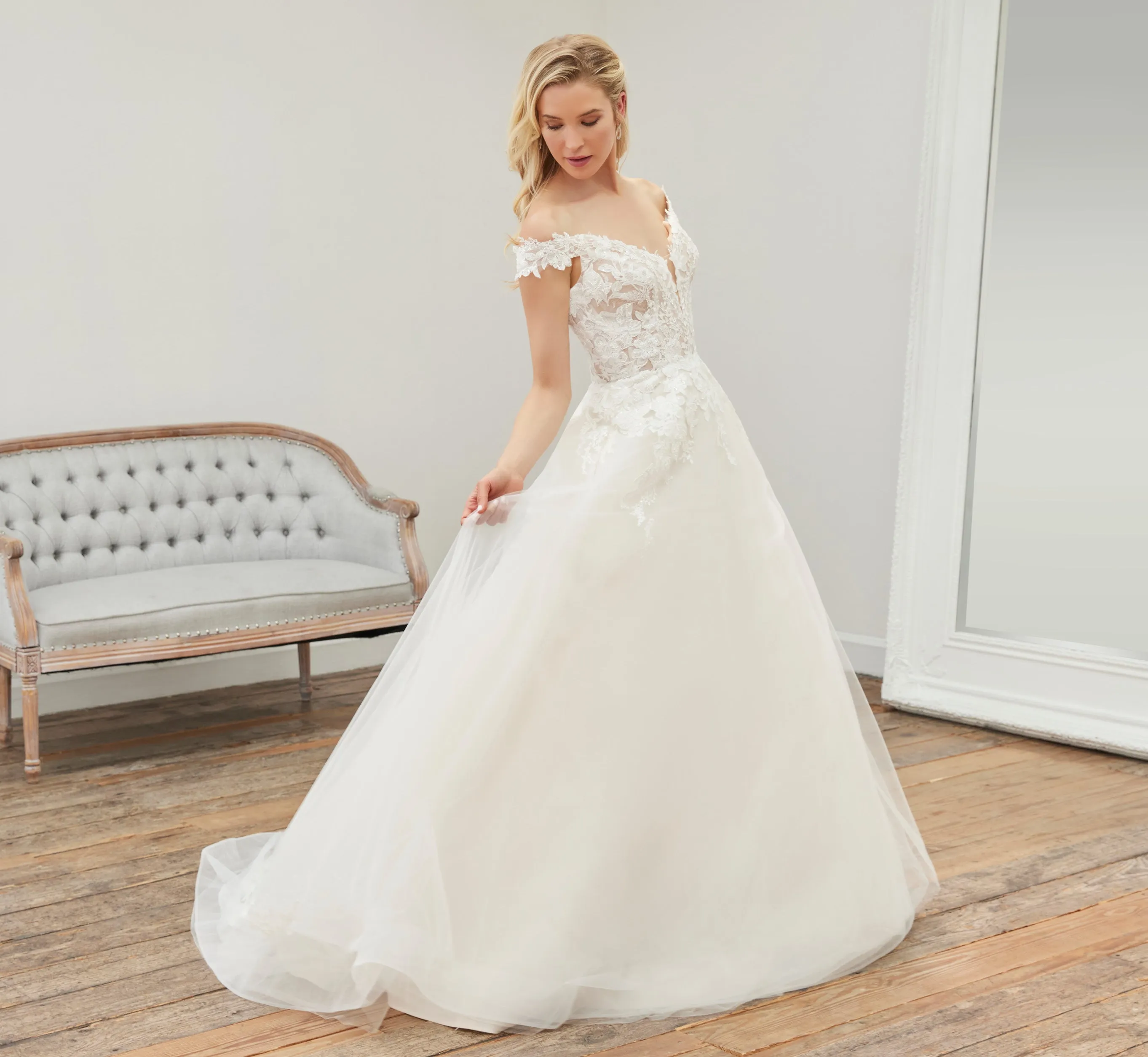 Lace Off-The-Shoulder Gown With Detachable Long Sleeves In Ivory Ivory Nude sold by Adrianna Papell