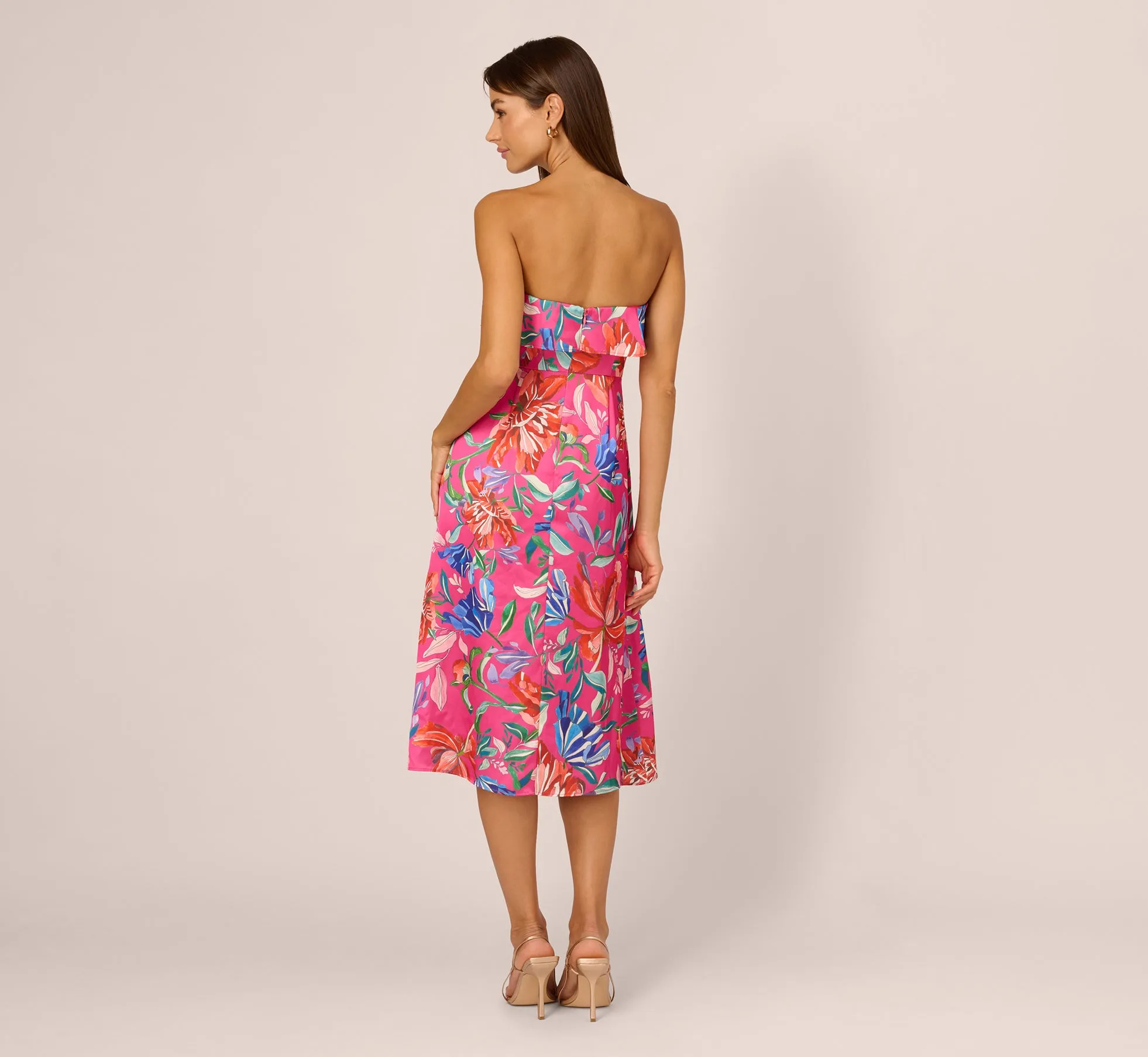 Tropical Floral Sateen Strapless Midi Dress With Ruffle Accent In Pink Multi sold by Adrianna Papell product image thumbnail 4