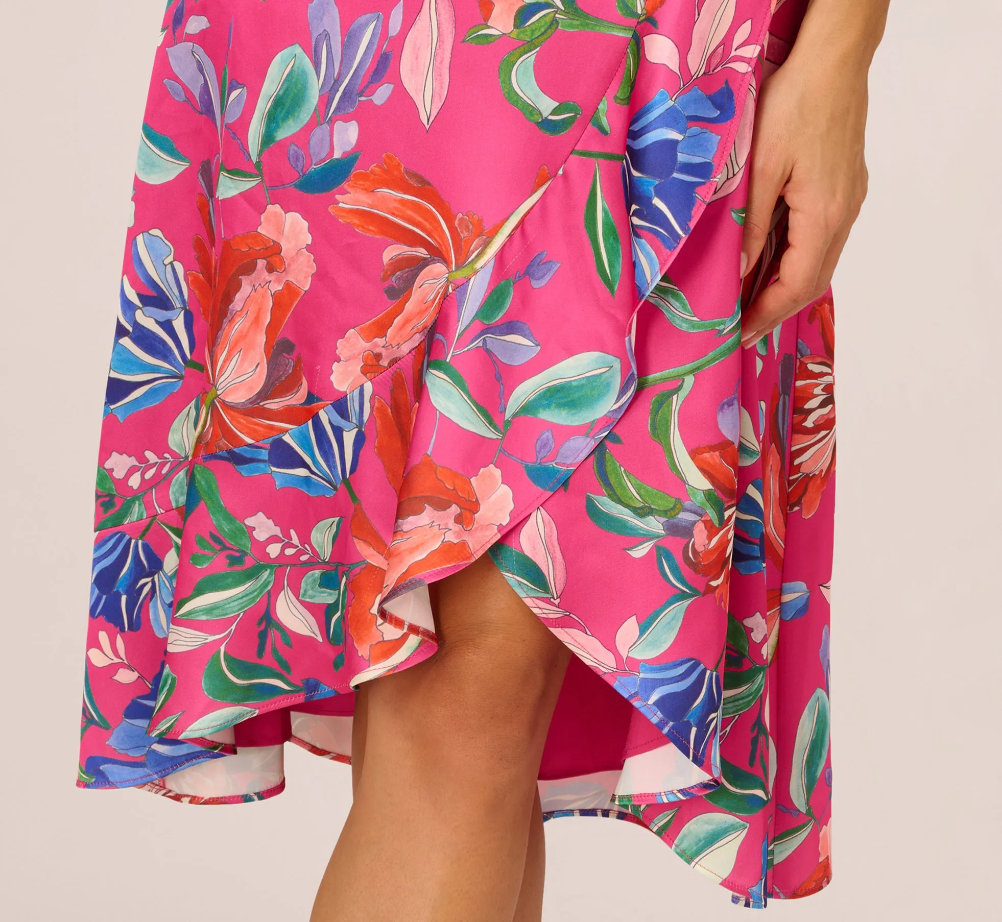 Tropical Floral Sateen Strapless Midi Dress With Ruffle Accent In Pink Multi sold by Adrianna Papell product image thumbnail 5