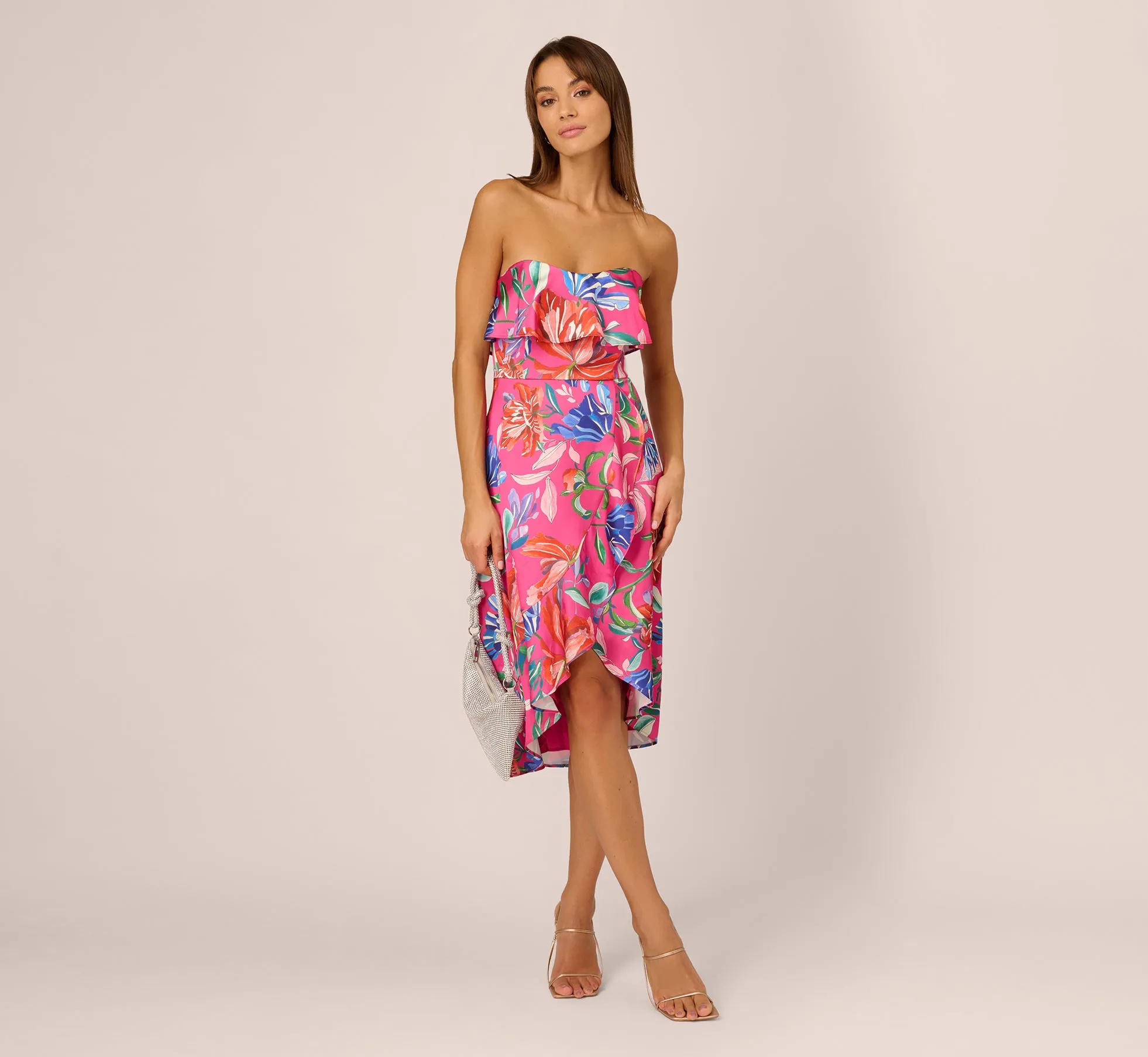 Tropical Floral Sateen Strapless Midi Dress With Ruffle Accent In Pink Multi sold by Adrianna Papell product image thumbnail 2
