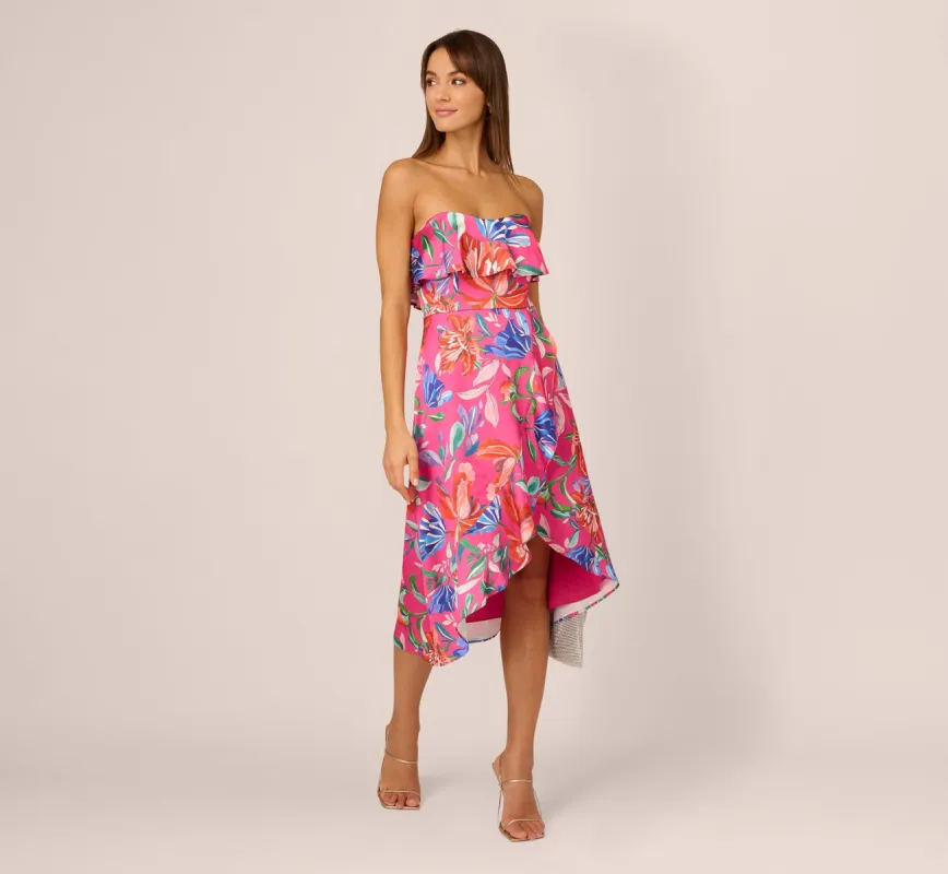 Tropical Floral Sateen Strapless Midi Dress With Ruffle Accent In Pink Multi sold by Adrianna Papell