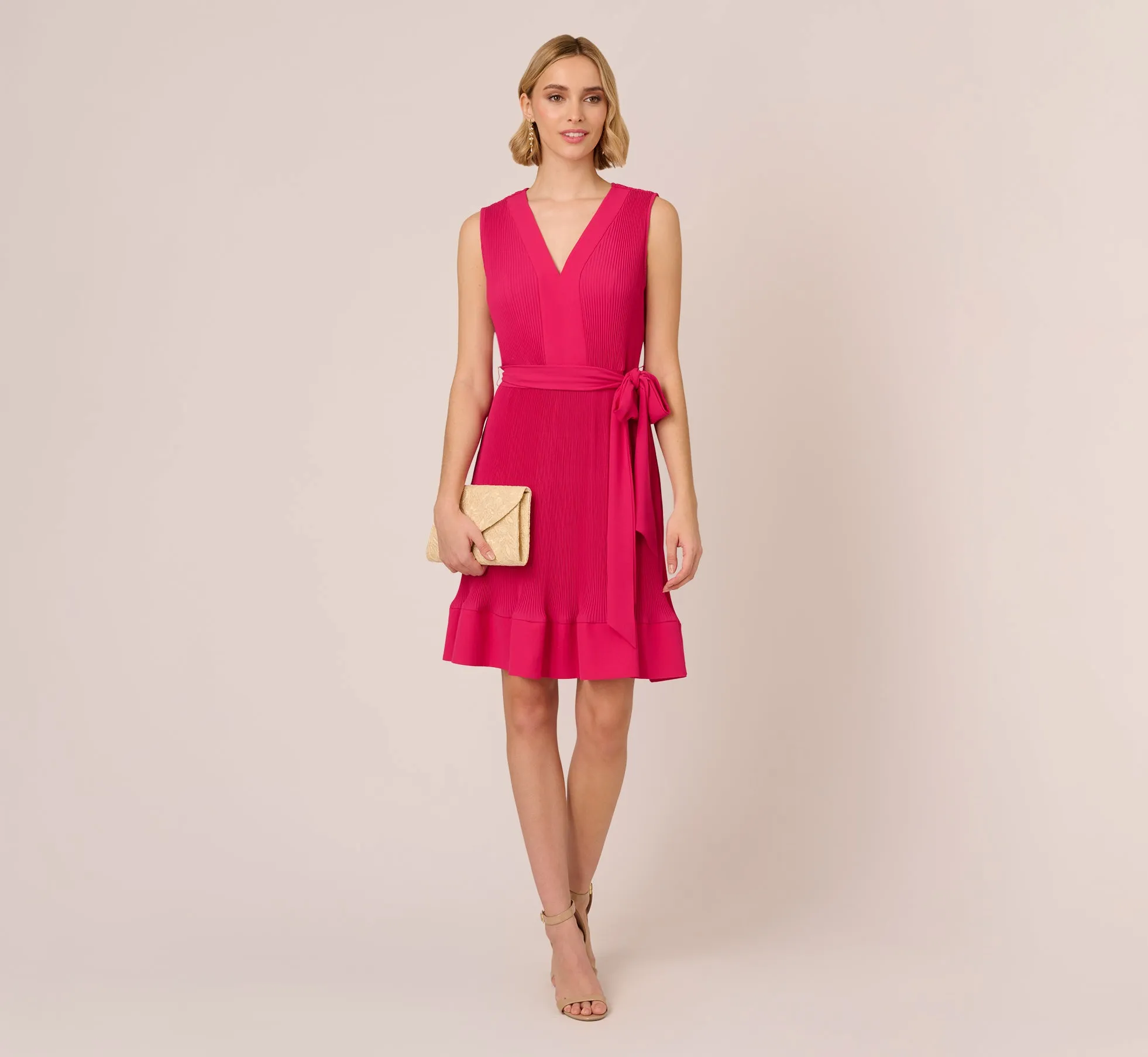 Sleeveless Pleated Dress With Self Tie Waist In Hot Pink sold by Adrianna Papell product image thumbnail 2