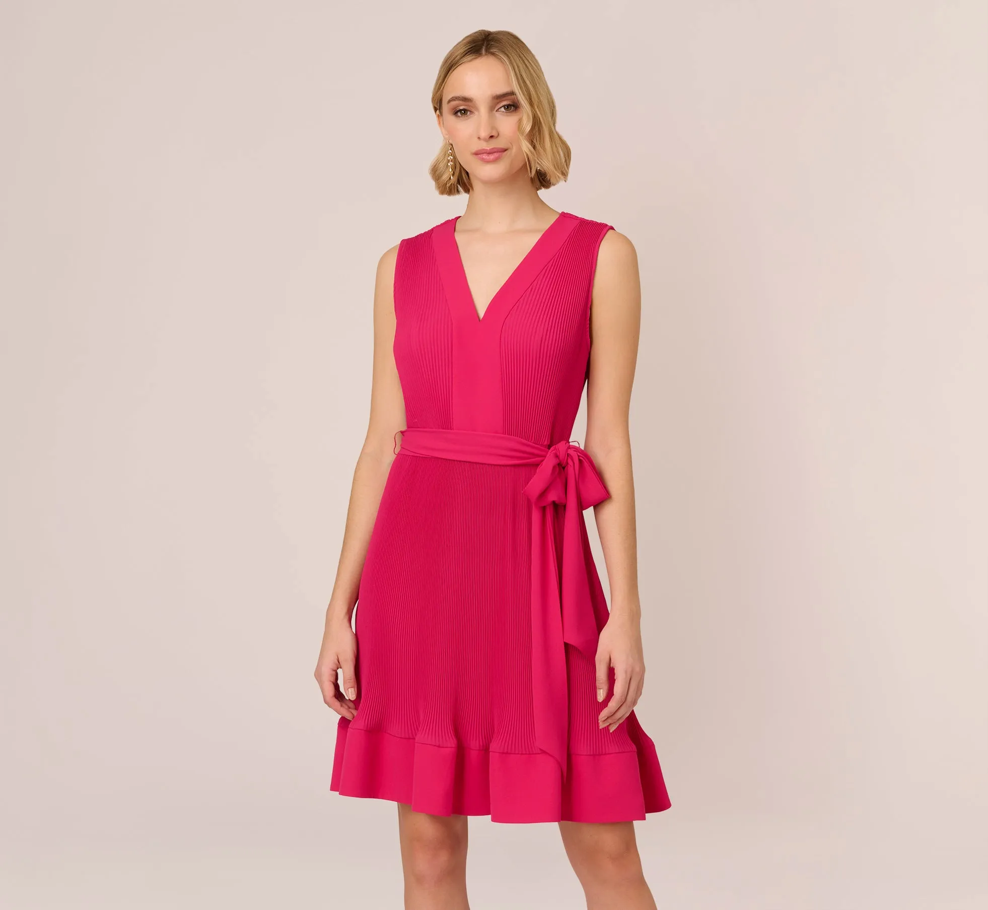 Sleeveless Pleated Dress With Self Tie Waist In Hot Pink sold by Adrianna Papell