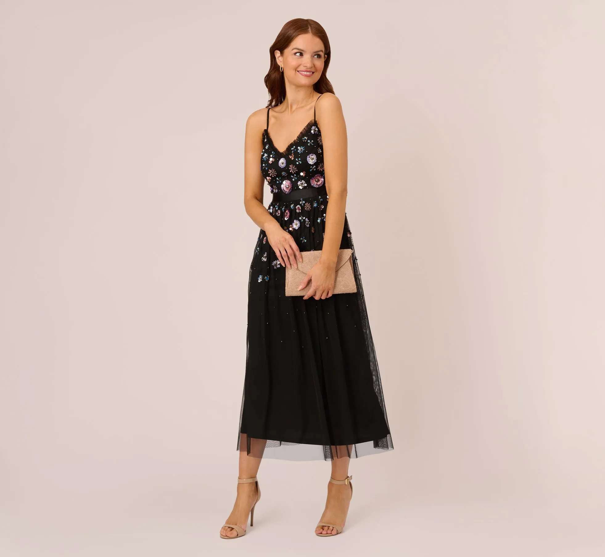 Ankle-Length Gown With Multicolor Floral Beading In Black Multi sold by Adrianna Papell product image thumbnail 2