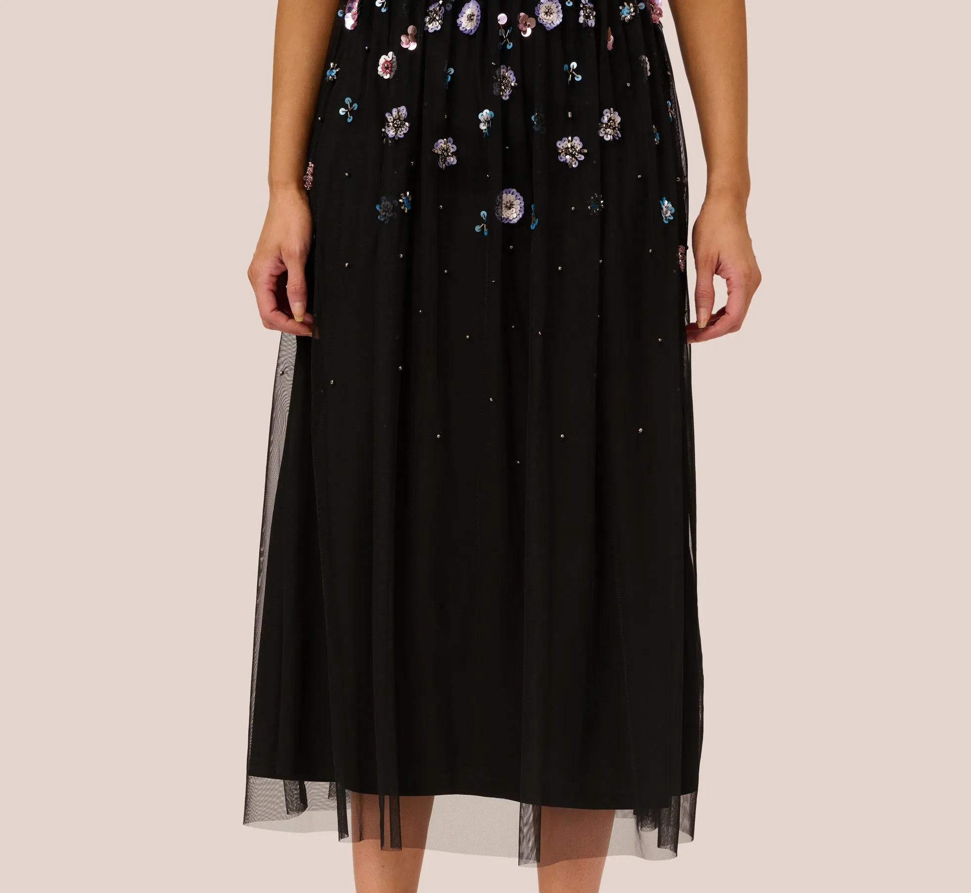Ankle-Length Gown With Multicolor Floral Beading In Black Multi sold by Adrianna Papell product image thumbnail 5