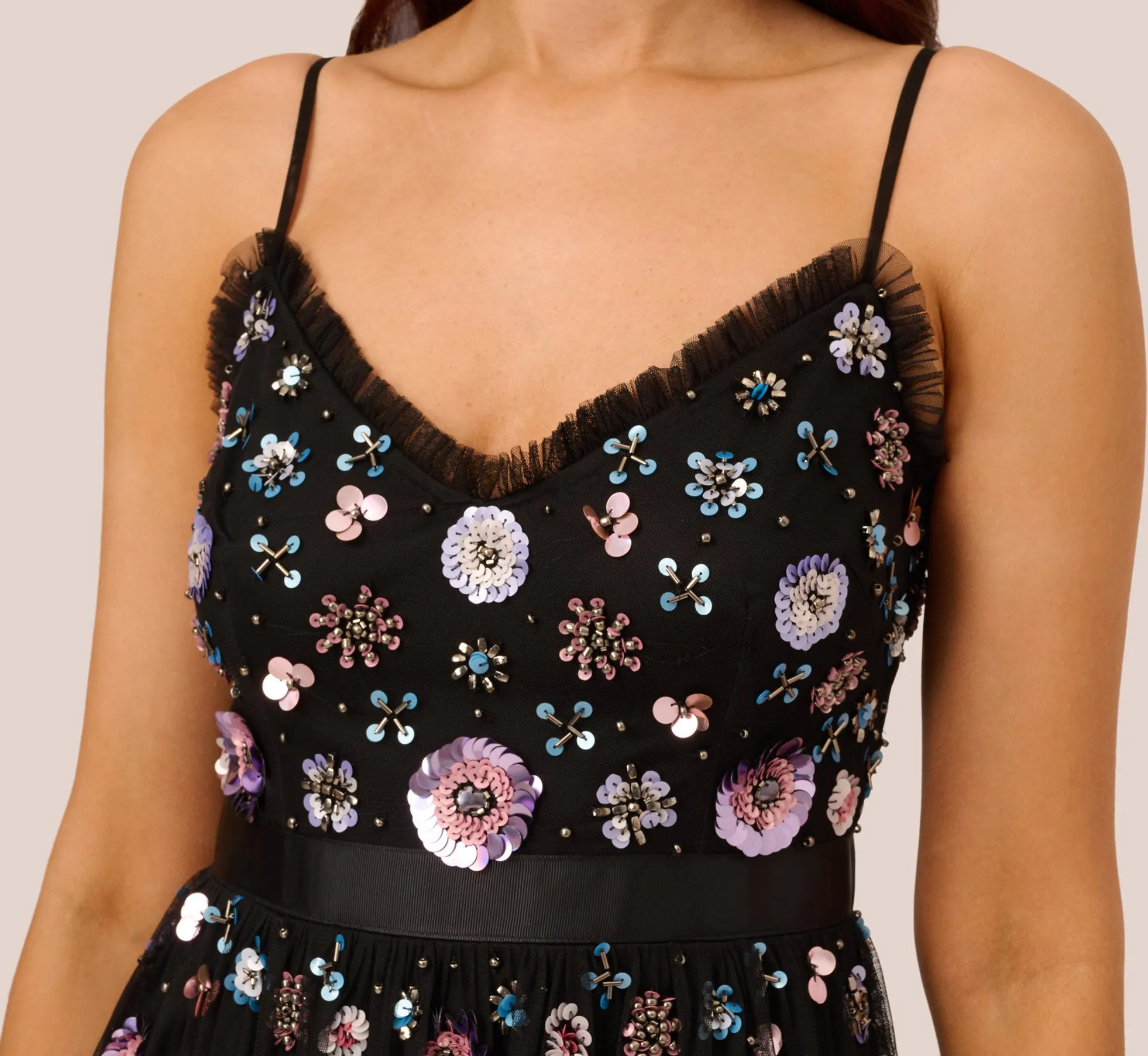 Ankle-Length Gown With Multicolor Floral Beading In Black Multi sold by Adrianna Papell product image thumbnail 4