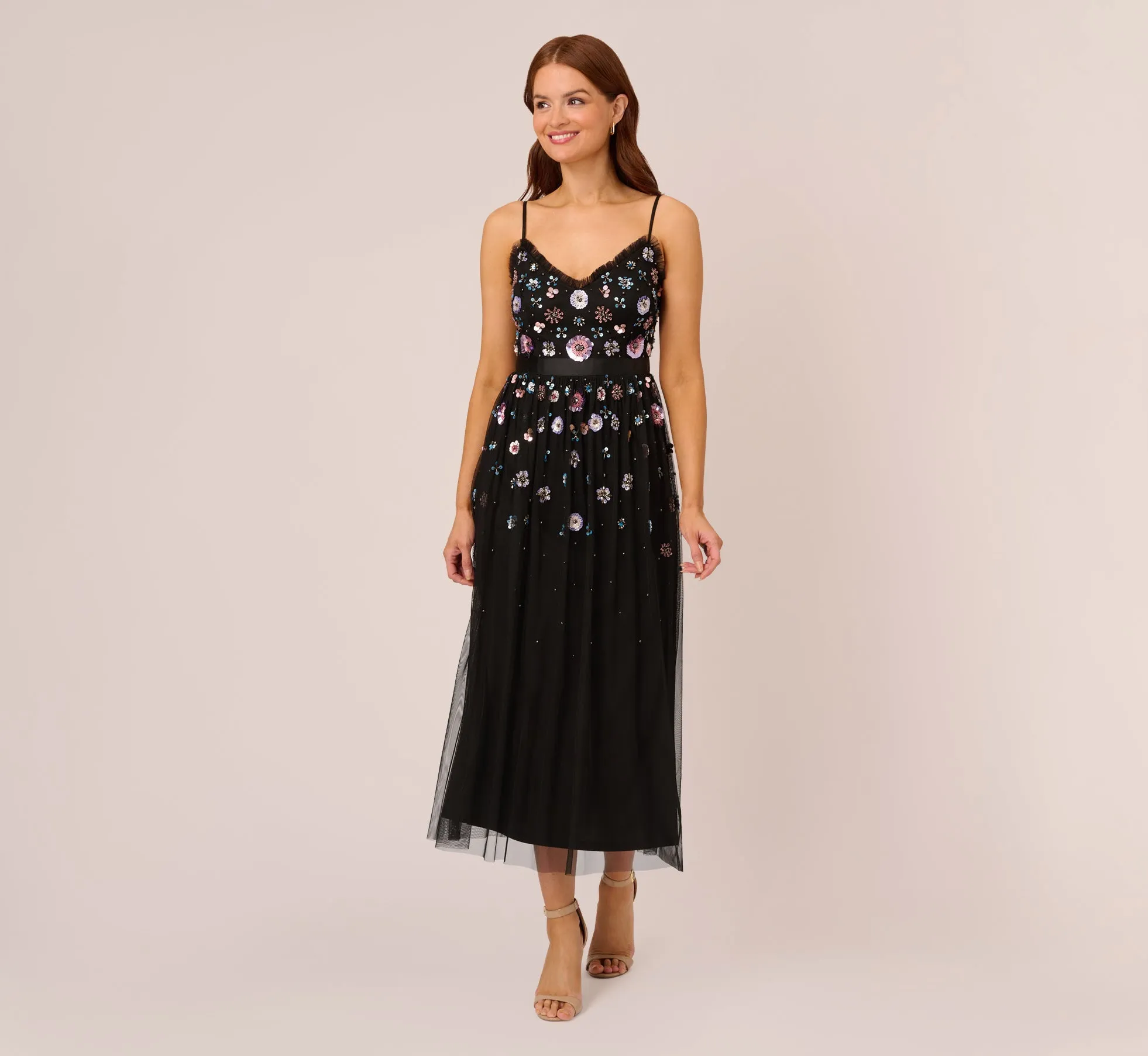 Ankle-Length Gown With Multicolor Floral Beading In Black Multi sold by Adrianna Papell