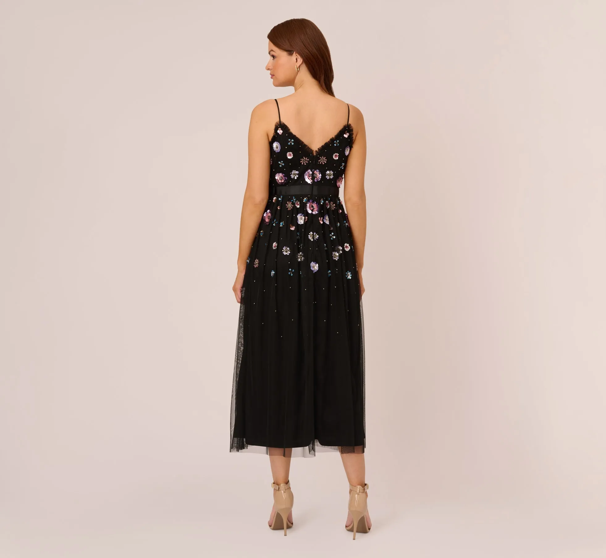 Ankle-Length Gown With Multicolor Floral Beading In Black Multi sold by Adrianna Papell product image thumbnail 3