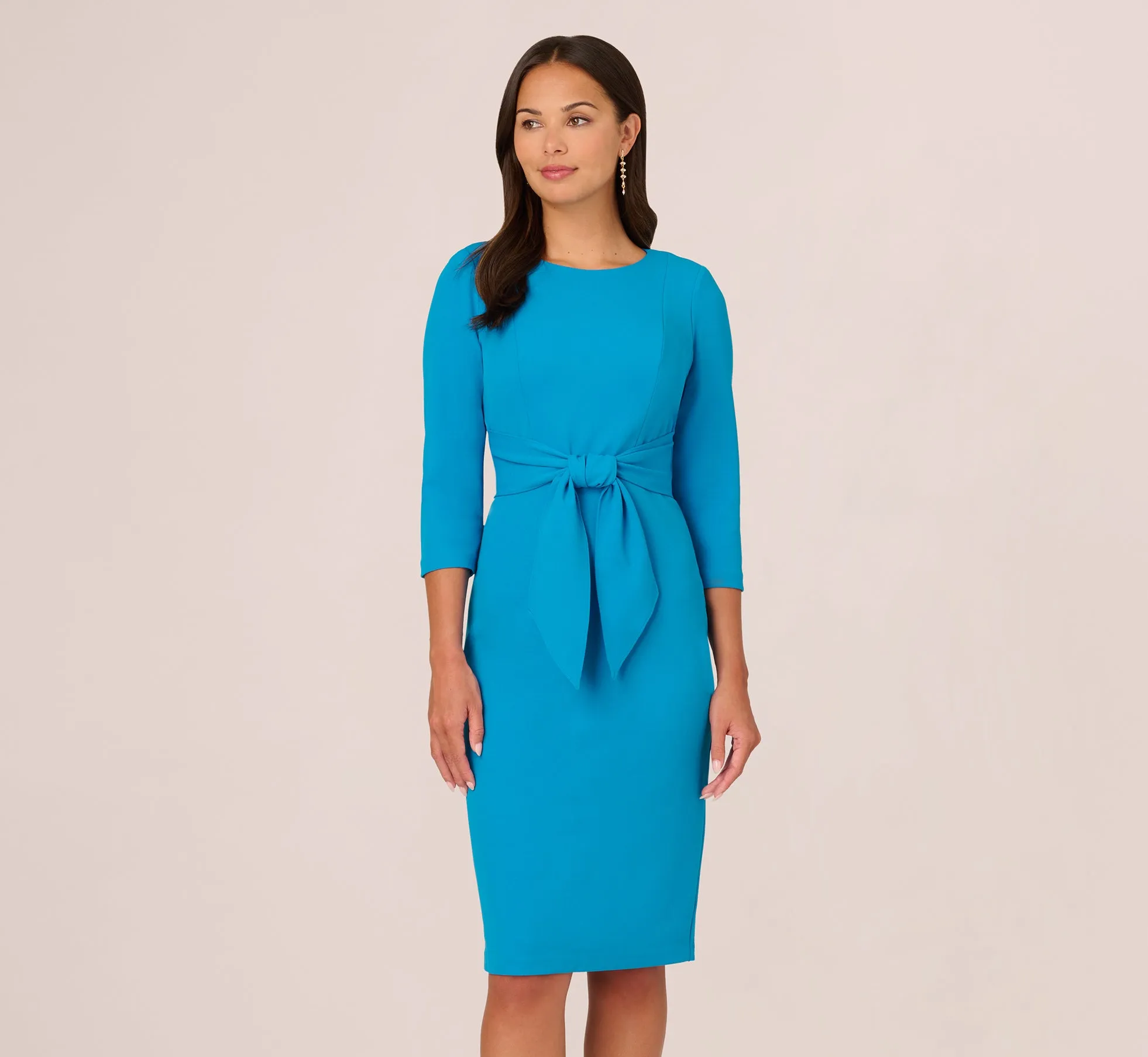 Knit Crepe Bow Sheath Dress With Three Quarter Sleeves In Blue Coast sold by Adrianna Papell