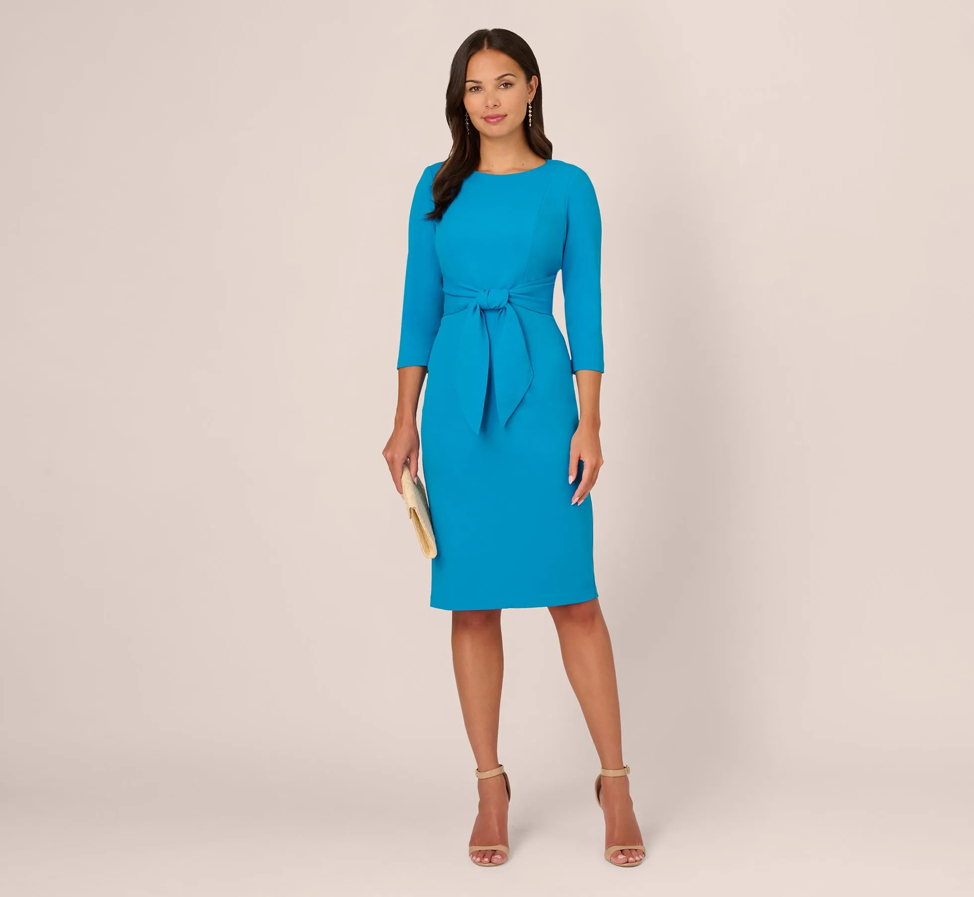 Knit Crepe Bow Sheath Dress With Three Quarter Sleeves In Blue Coast sold by Adrianna Papell product image thumbnail 2