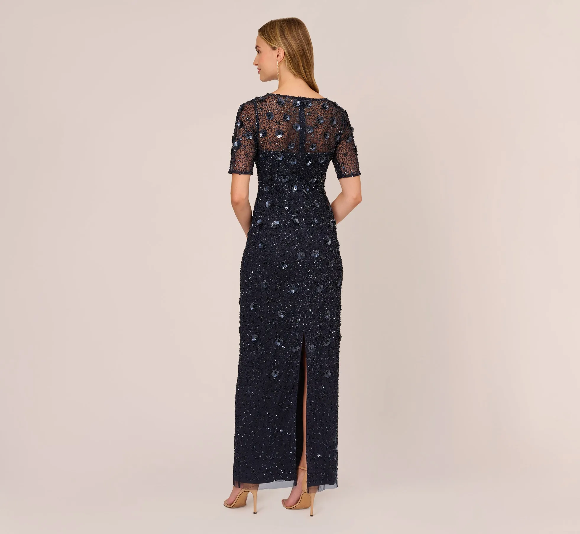 Long Hand Beaded 3D Floral Dress With Elbow Sleeves In Dusty Navy sold by Adrianna Papell product image thumbnail 4