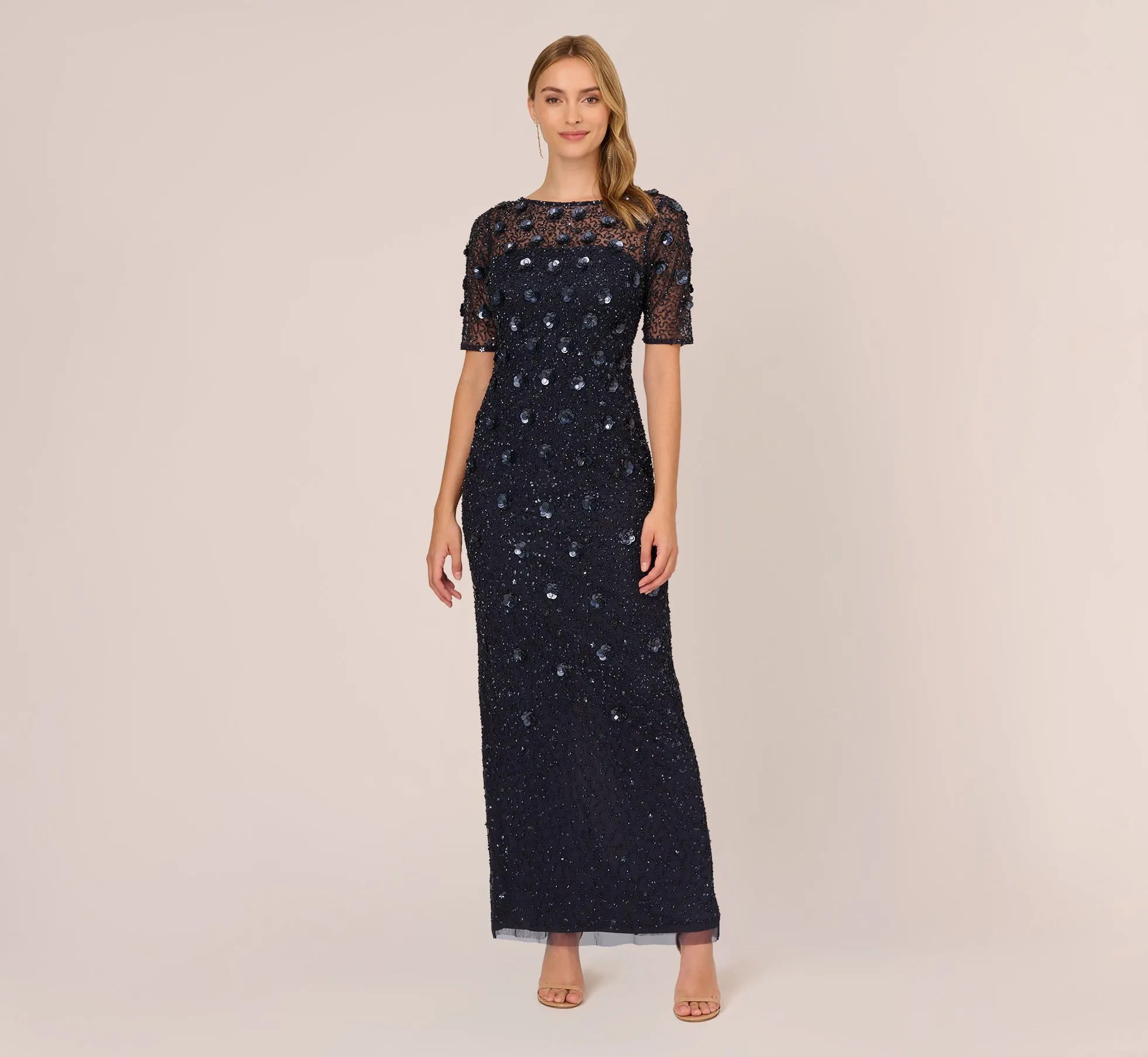 Long Hand Beaded 3D Floral Dress With Elbow Sleeves In Dusty Navy sold by Adrianna Papell