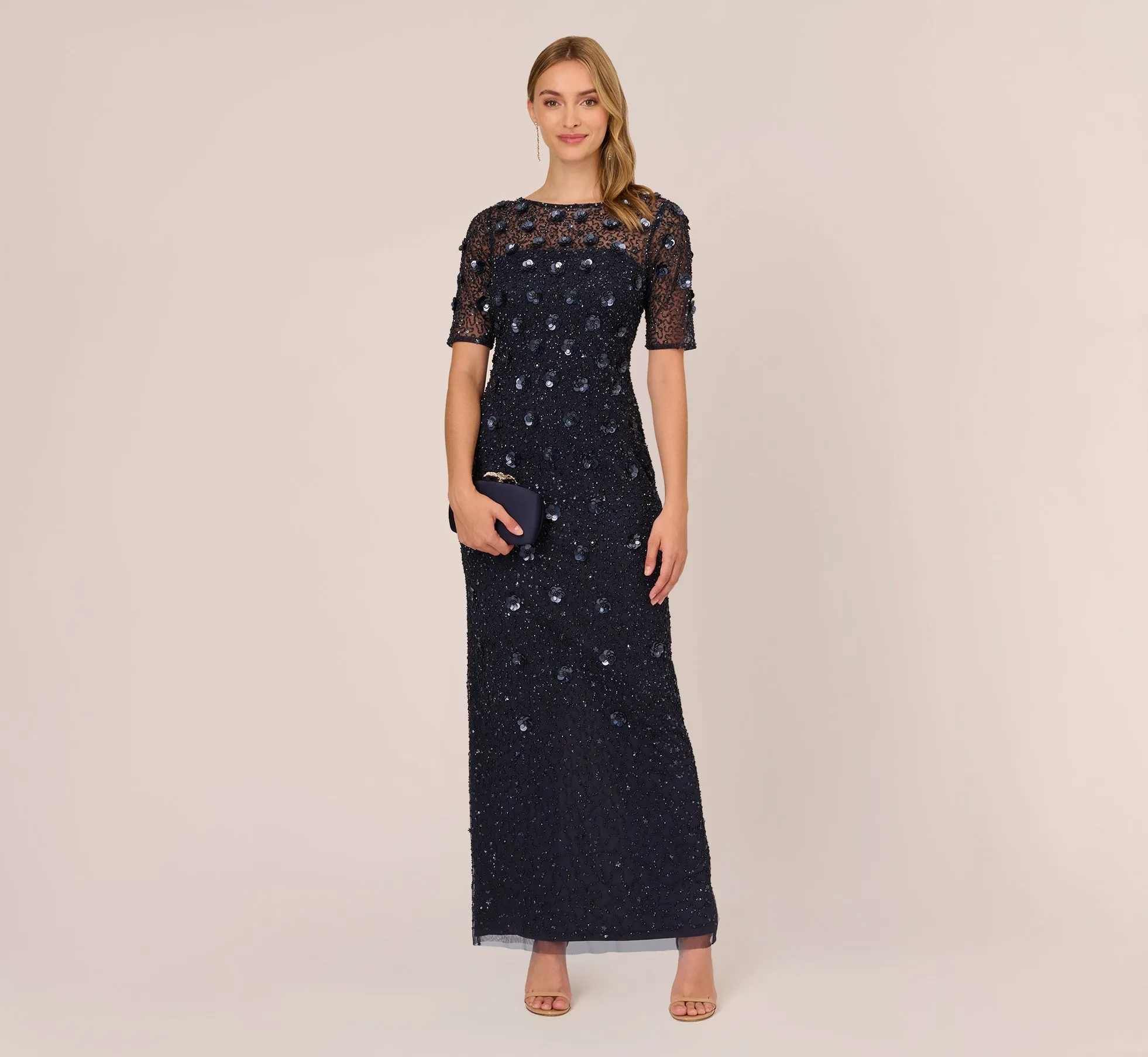 Long Hand Beaded 3D Floral Dress With Elbow Sleeves In Dusty Navy sold by Adrianna Papell product image thumbnail 2