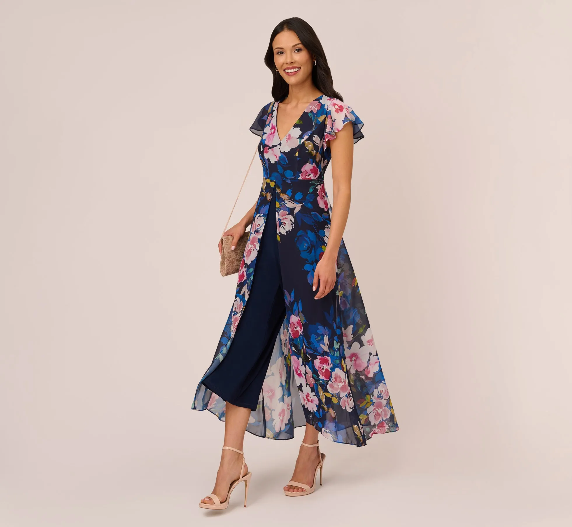 Floral-Print Cropped Jumpsuit With Chiffon Overlay In Navy Multi sold by Adrianna Papell product image thumbnail 2