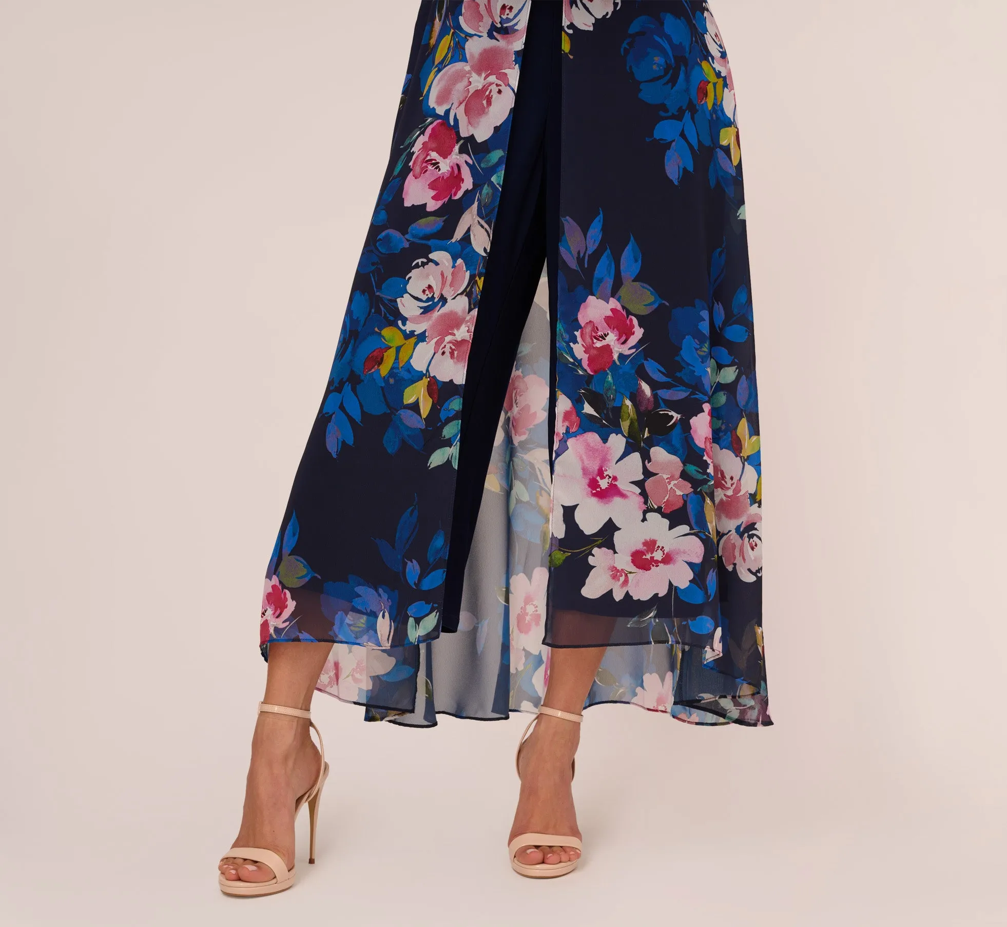 Floral-Print Cropped Jumpsuit With Chiffon Overlay In Navy Multi sold by Adrianna Papell product image thumbnail 5
