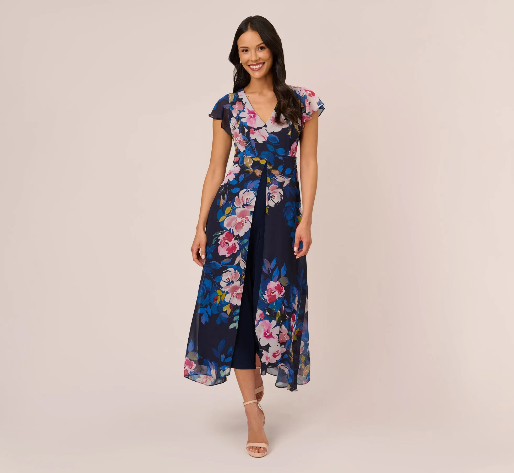 Floral-Print Cropped Jumpsuit With Chiffon Overlay In Navy Multi sold by Adrianna Papell