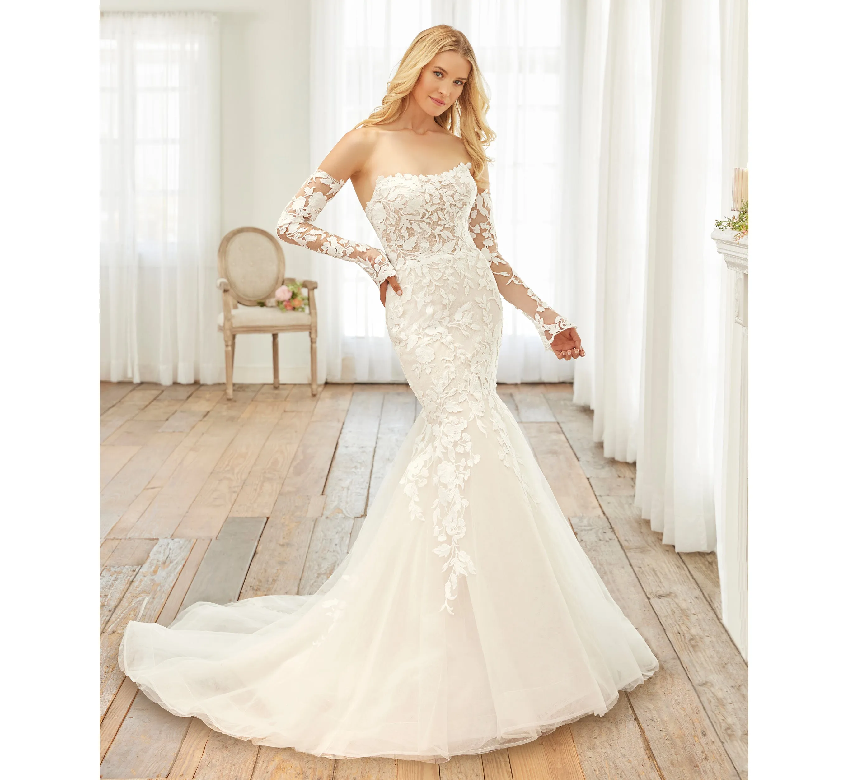 Lace And Tulle Strapless Mermaid Gown With Detachable Sleeves In Ivory Almond Nude sold by Adrianna Papell