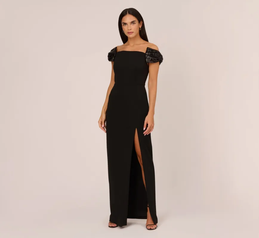 Stretch Crepe Off The Shoulder Gown With Sequin Bows In Black sold by Adrianna Papell