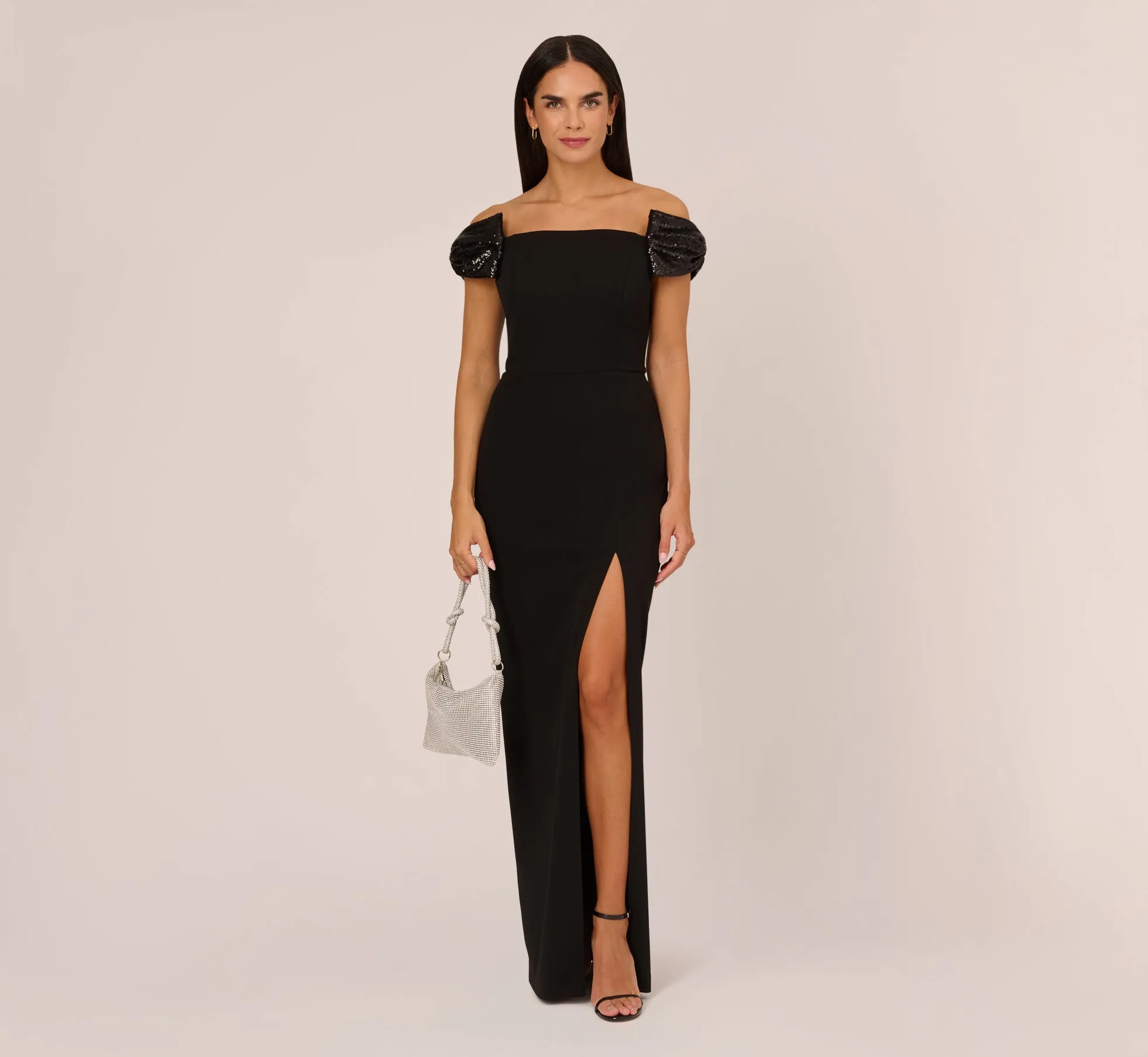Stretch Crepe Off The Shoulder Gown With Sequin Bows In Black sold by Adrianna Papell product image thumbnail 2