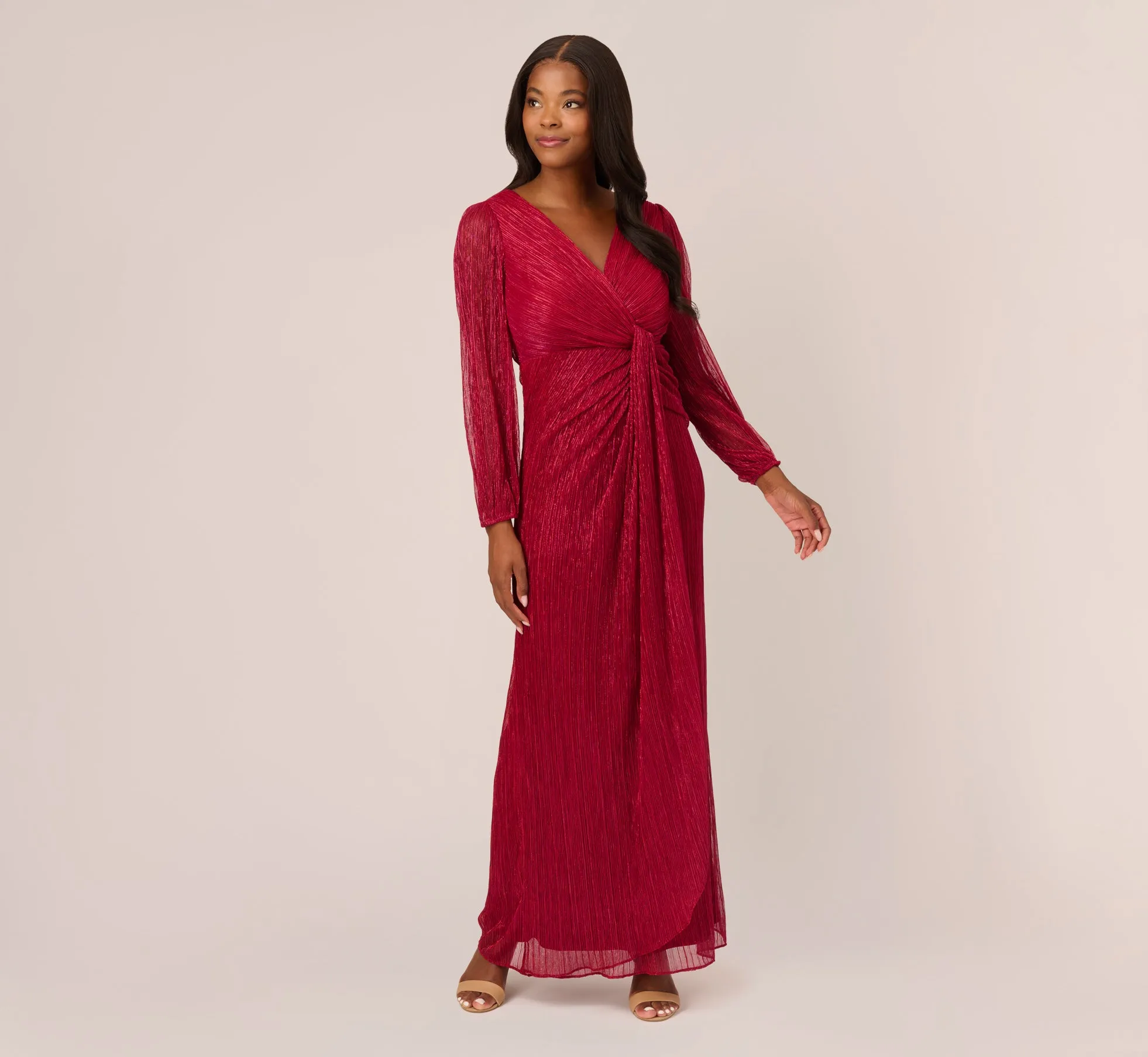 Metallic Crinkled Mesh Draped Long Gown In Scarlet sold by Adrianna Papell