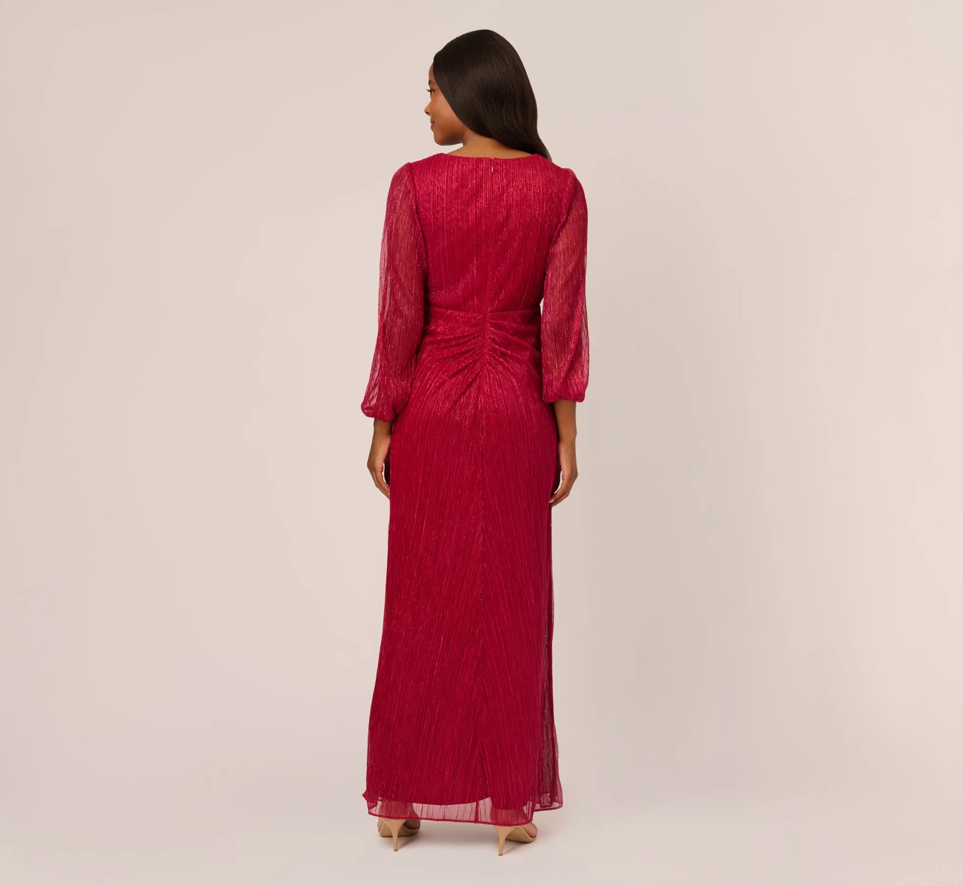 Metallic Crinkled Mesh Draped Long Gown In Scarlet sold by Adrianna Papell product image thumbnail 4