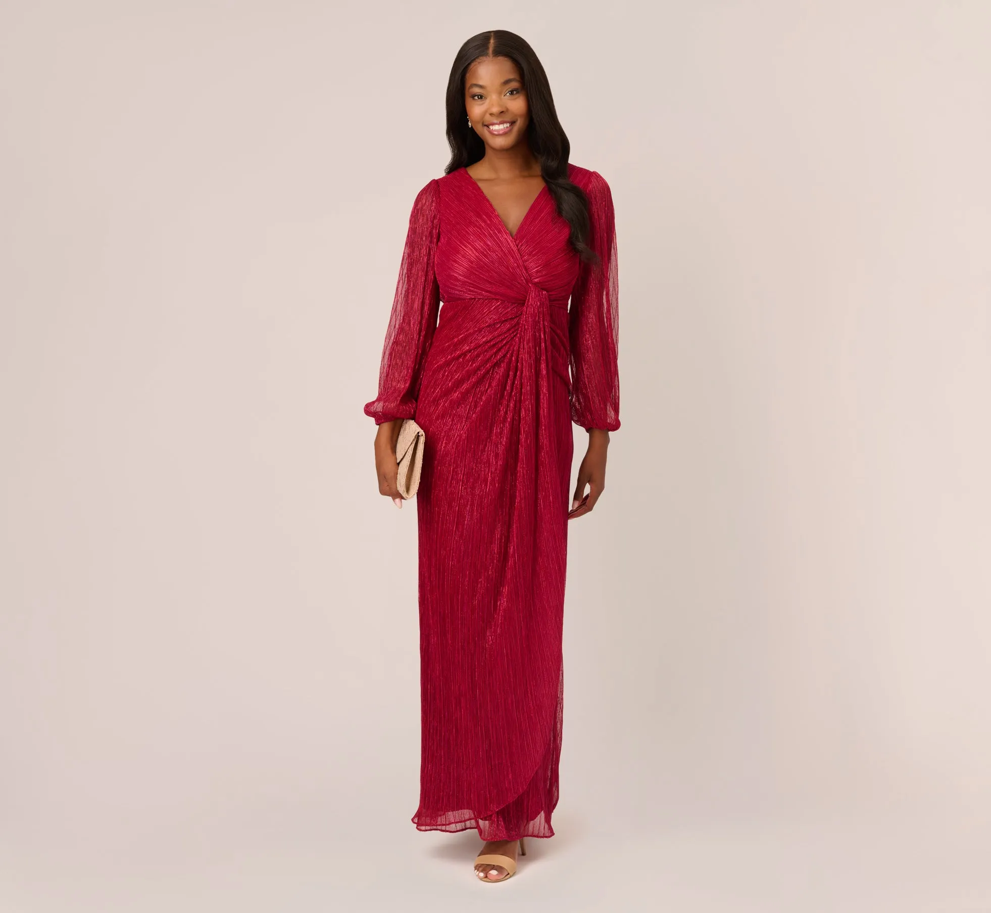 Metallic Crinkled Mesh Draped Long Gown In Scarlet sold by Adrianna Papell product image thumbnail 2