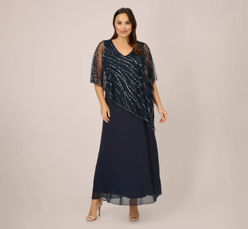 Plus Size Hand-Beaded Popover Long Dress In Midnight sold by Adrianna Papell