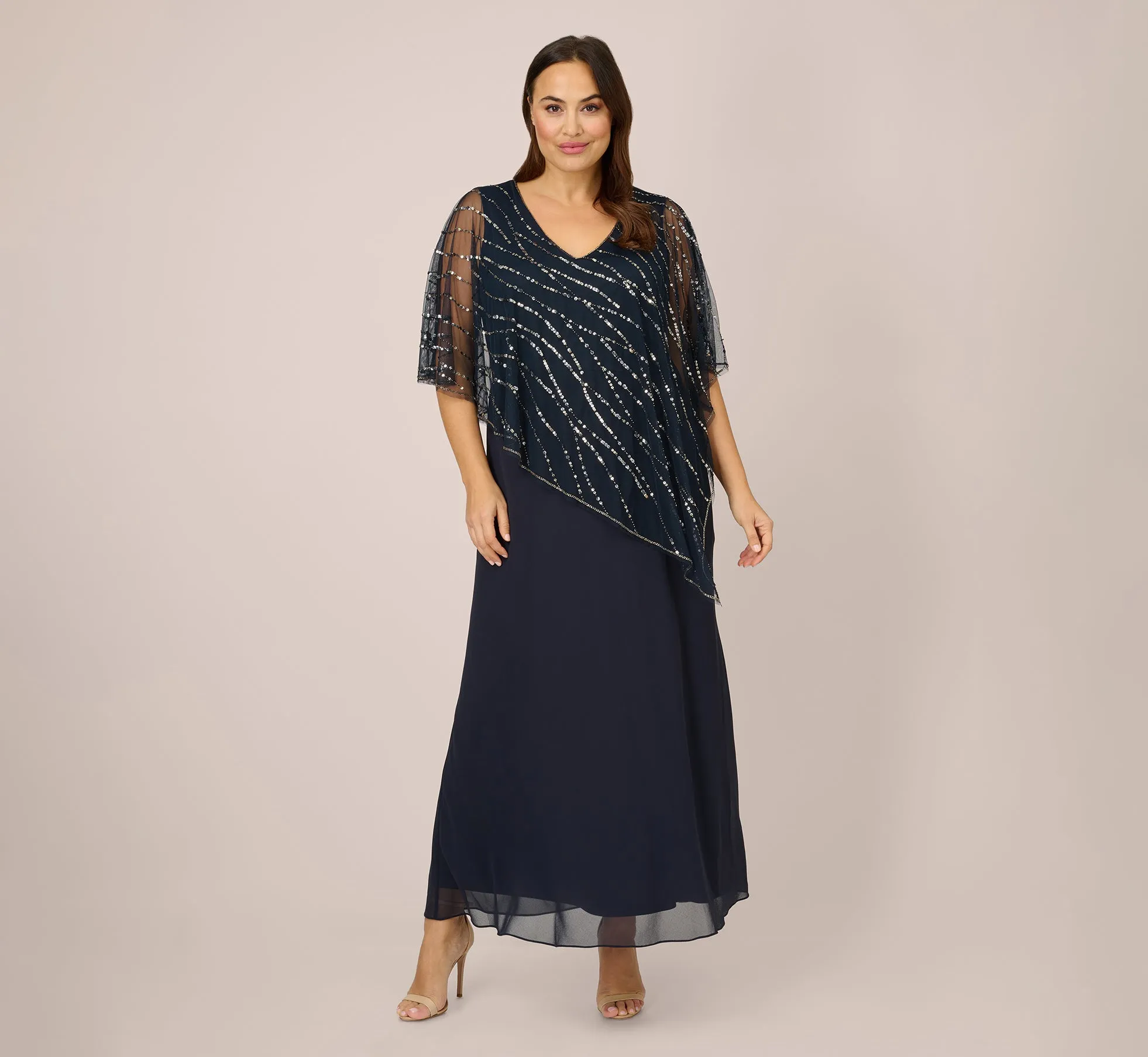 Plus Size Hand-Beaded Popover Long Dress In Midnight sold by Adrianna Papell
