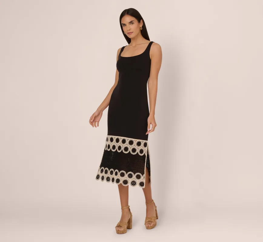 Crochet Trimmed Sheath Midi Dress With Tank Straps In Black Ecru sold by Adrianna Papell