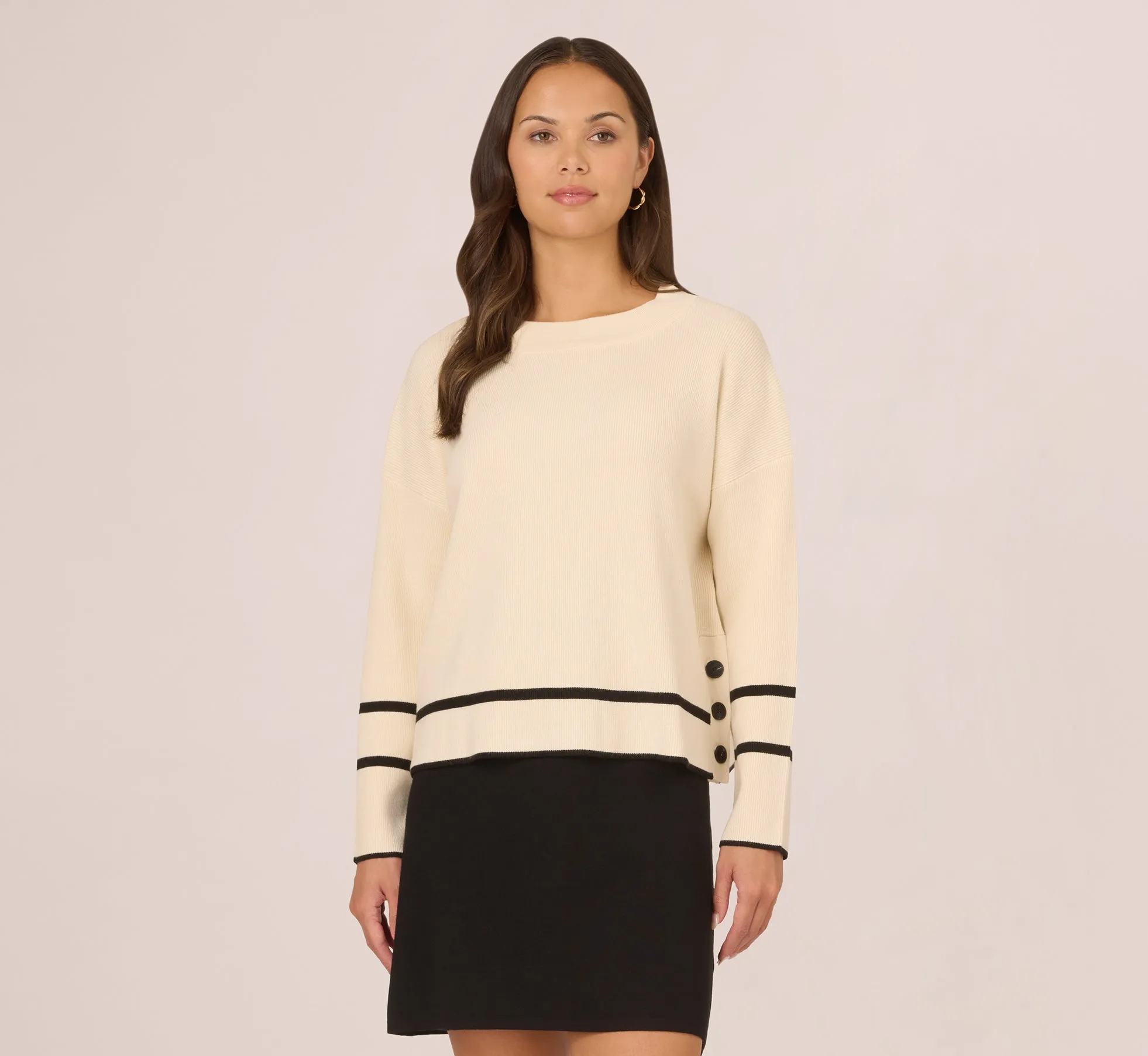 Crew Neck Pullover Sweater With Tipped Details In Cream Black sold by Adrianna Papell
