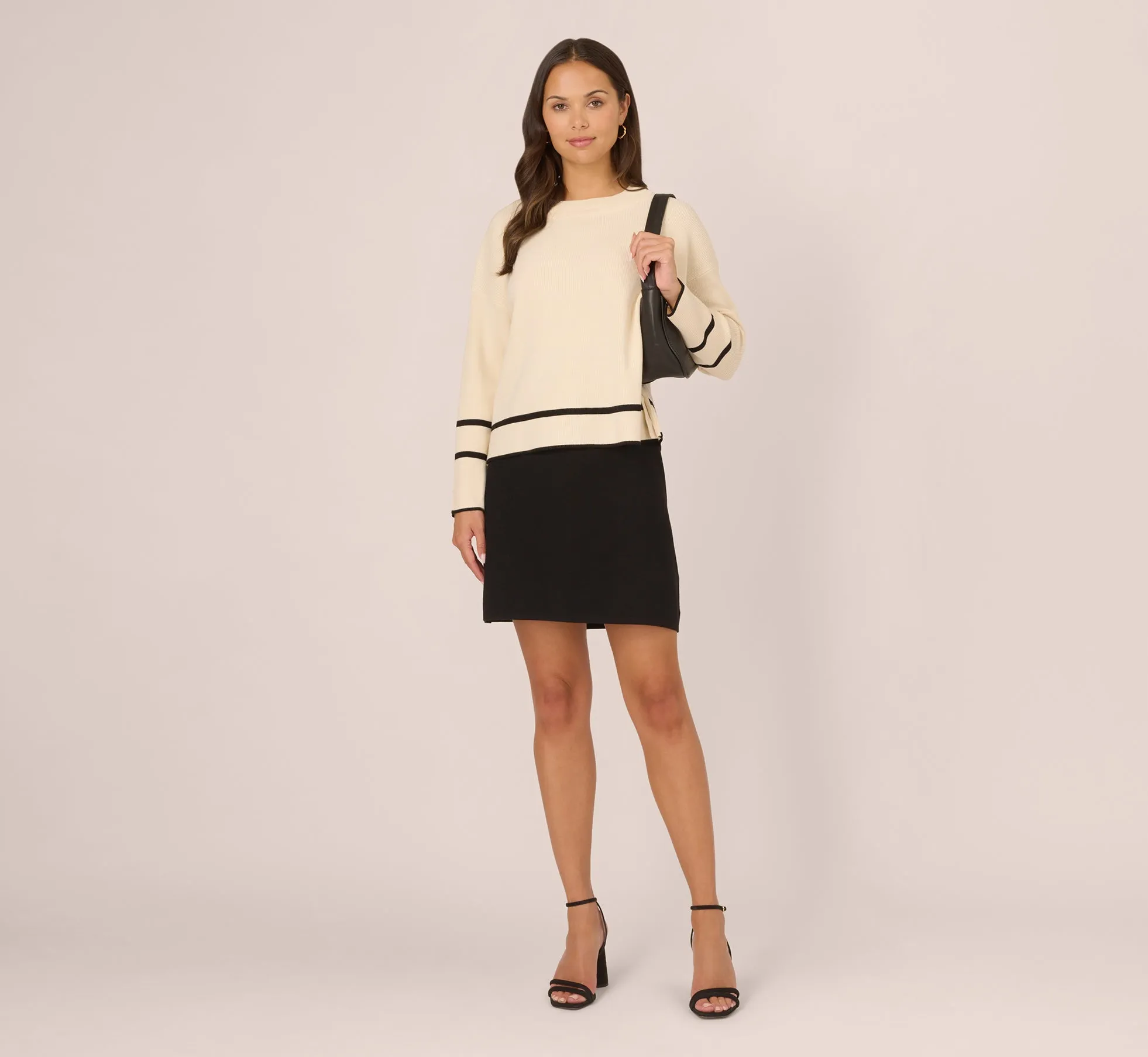 Crew Neck Pullover Sweater With Tipped Details In Cream Black sold by Adrianna Papell product image thumbnail 2
