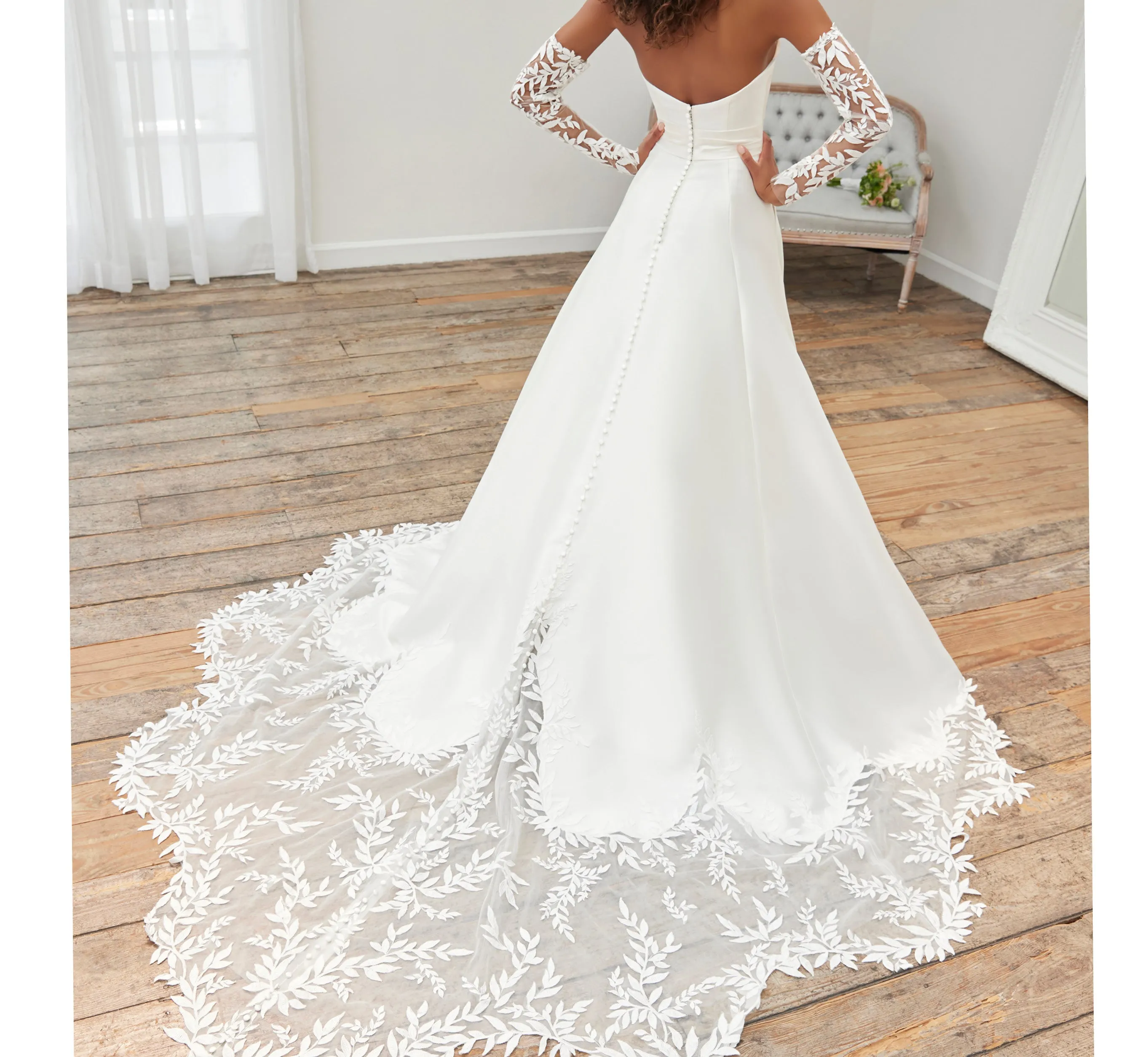 Lace And Mikado Strapless Gown With Cathedral Train And Detachable Gloves In Ivory sold by Adrianna Papell product image thumbnail 2