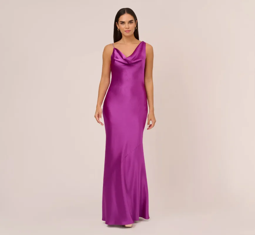 Asymmetrical A-Line Satin Gown With Rhinestone Trim In Wild Orchid made by Adrianna Papell