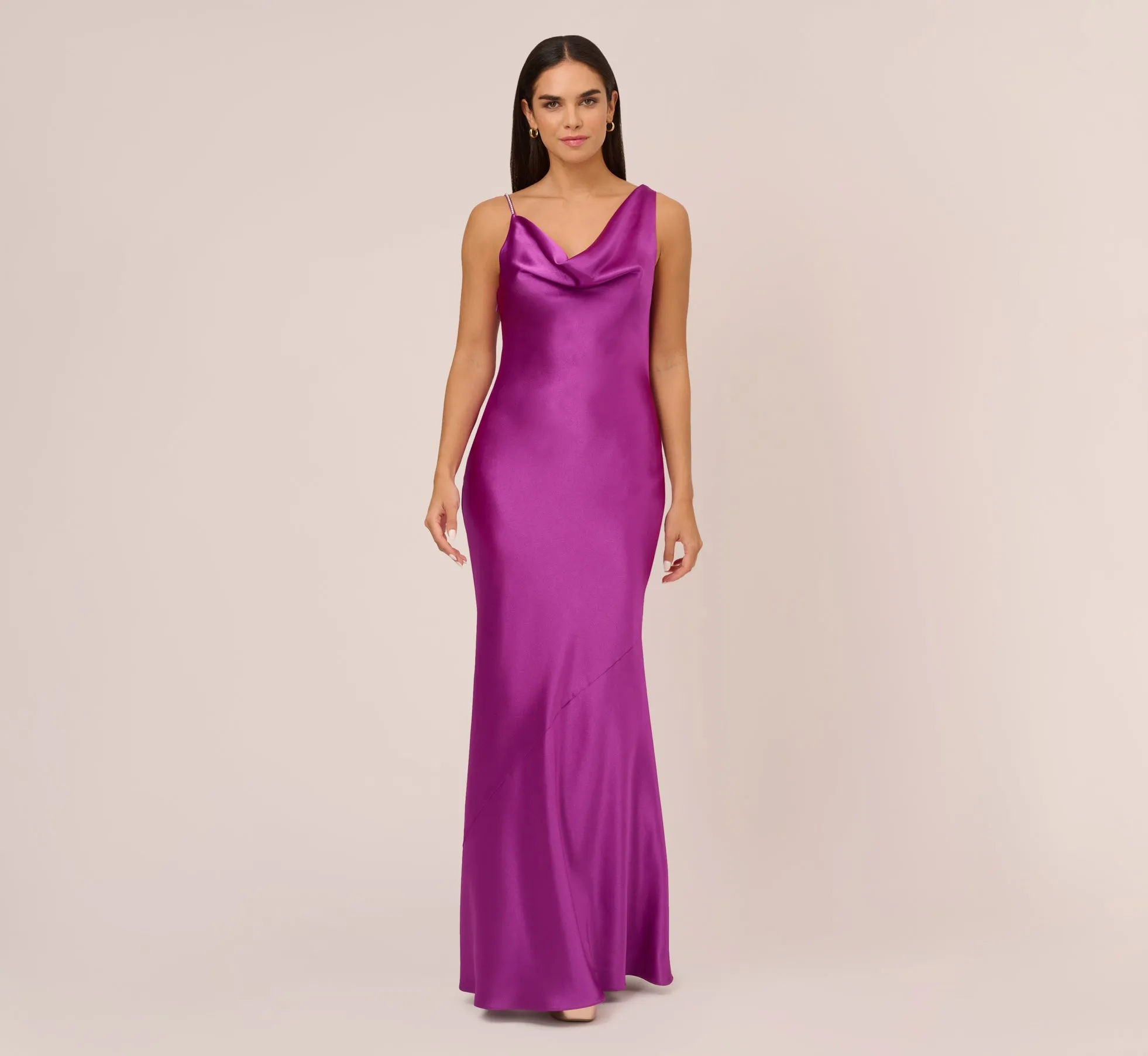 Asymmetrical A-Line Satin Gown With Rhinestone Trim In Wild Orchid sold by Adrianna Papell