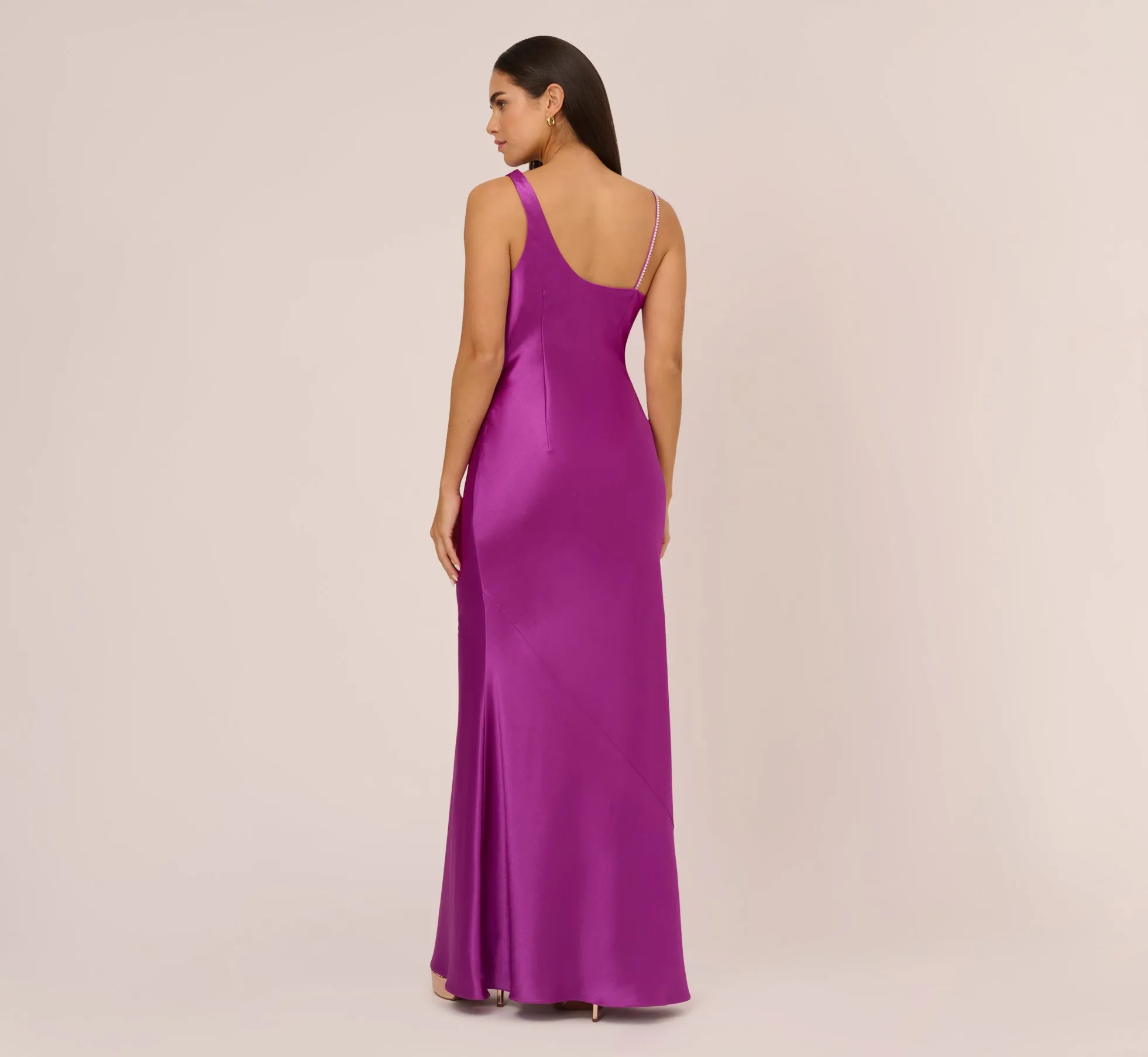Asymmetrical A-Line Satin Gown With Rhinestone Trim In Wild Orchid sold by Adrianna Papell product image thumbnail 4