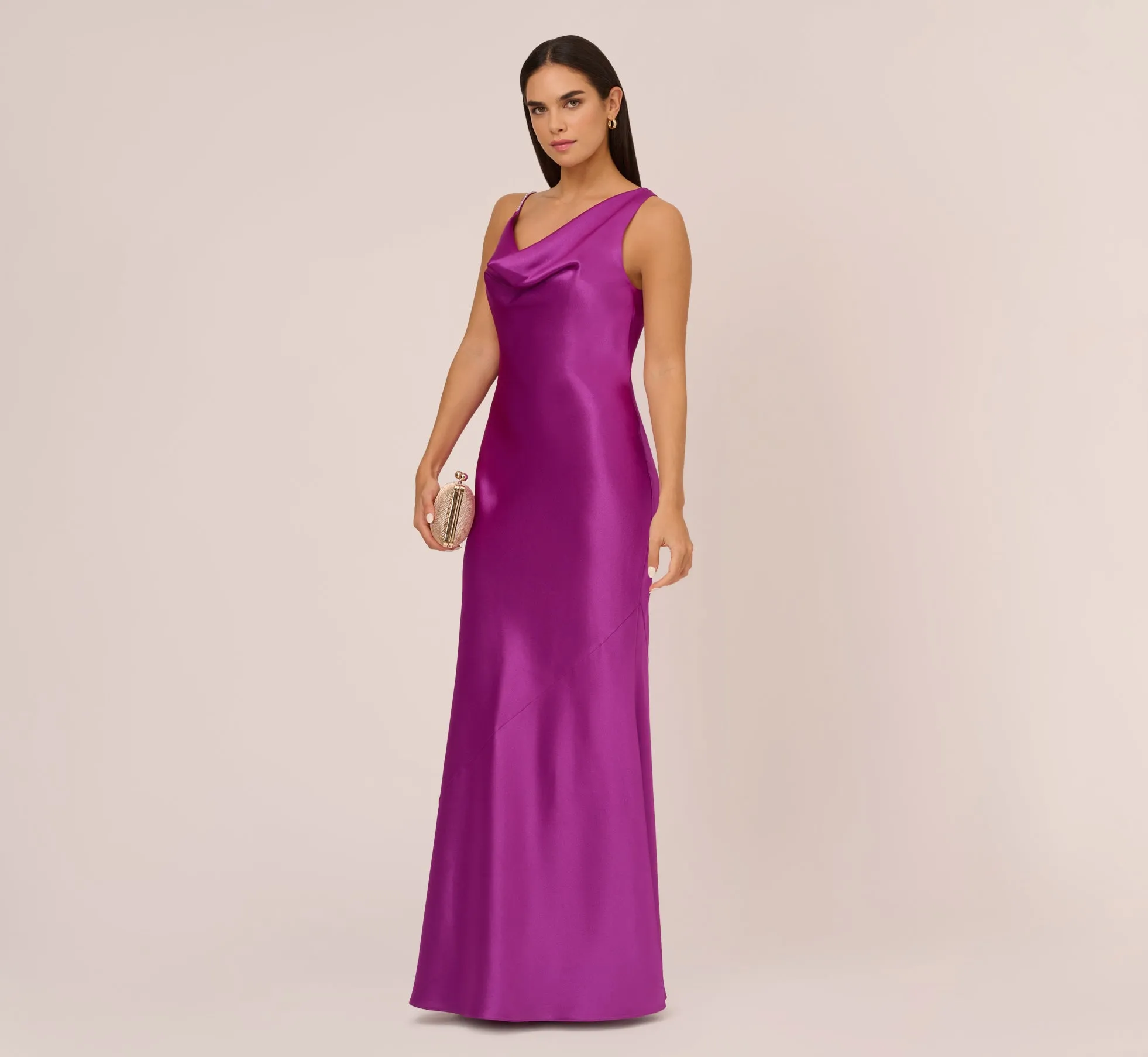 Asymmetrical A-Line Satin Gown With Rhinestone Trim In Wild Orchid sold by Adrianna Papell product image thumbnail 2
