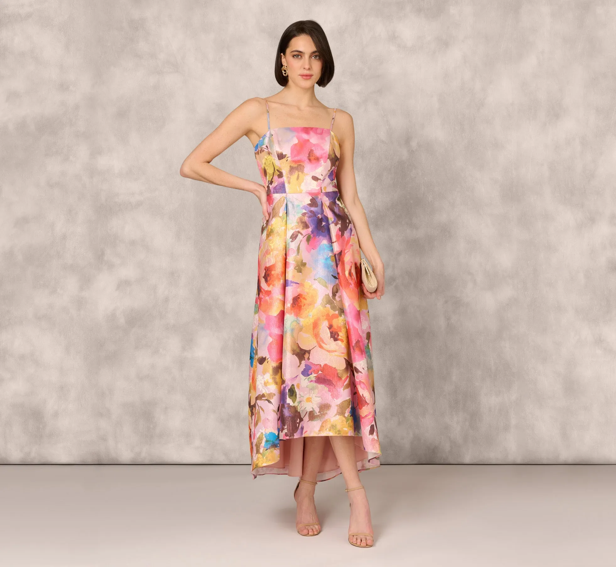 Multicolor Metallic Floral Print Jacquard High Low Gown With Pockets In Pink Multi sold by Adrianna Papell product image thumbnail 2