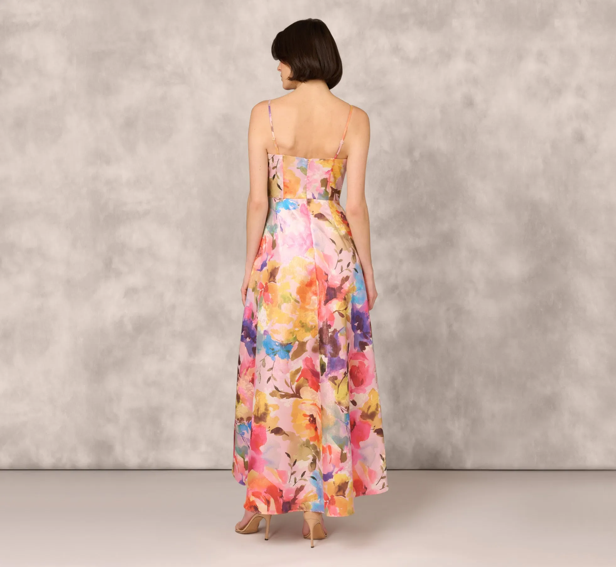 Multicolor Metallic Floral Print Jacquard High Low Gown With Pockets In Pink Multi sold by Adrianna Papell product image thumbnail 4