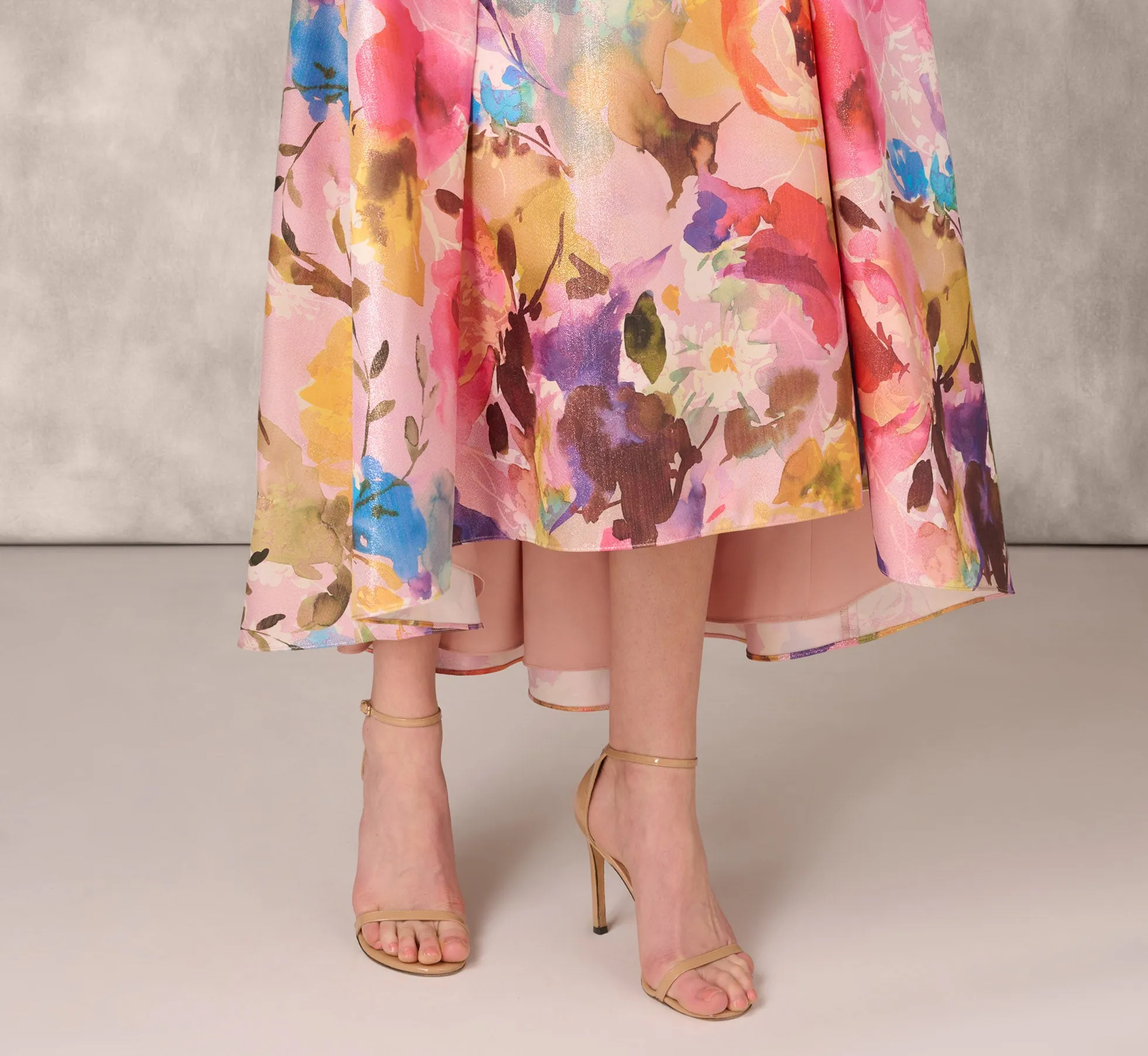 Multicolor Metallic Floral Print Jacquard High Low Gown With Pockets In Pink Multi sold by Adrianna Papell product image thumbnail 5